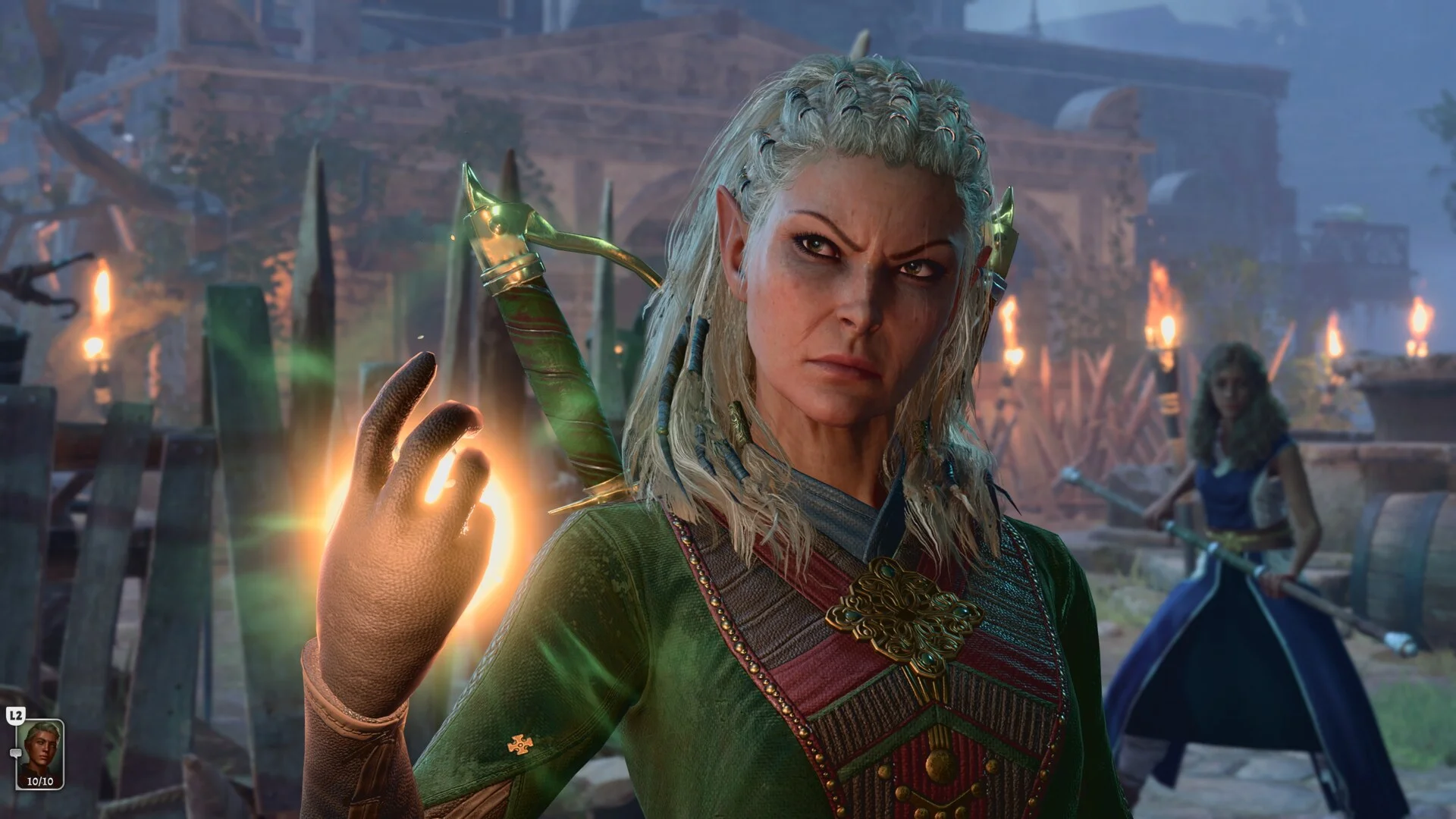 Jaheira prepares a fire spell during the Moonrise Towers assault in Baldur's Gate 3.