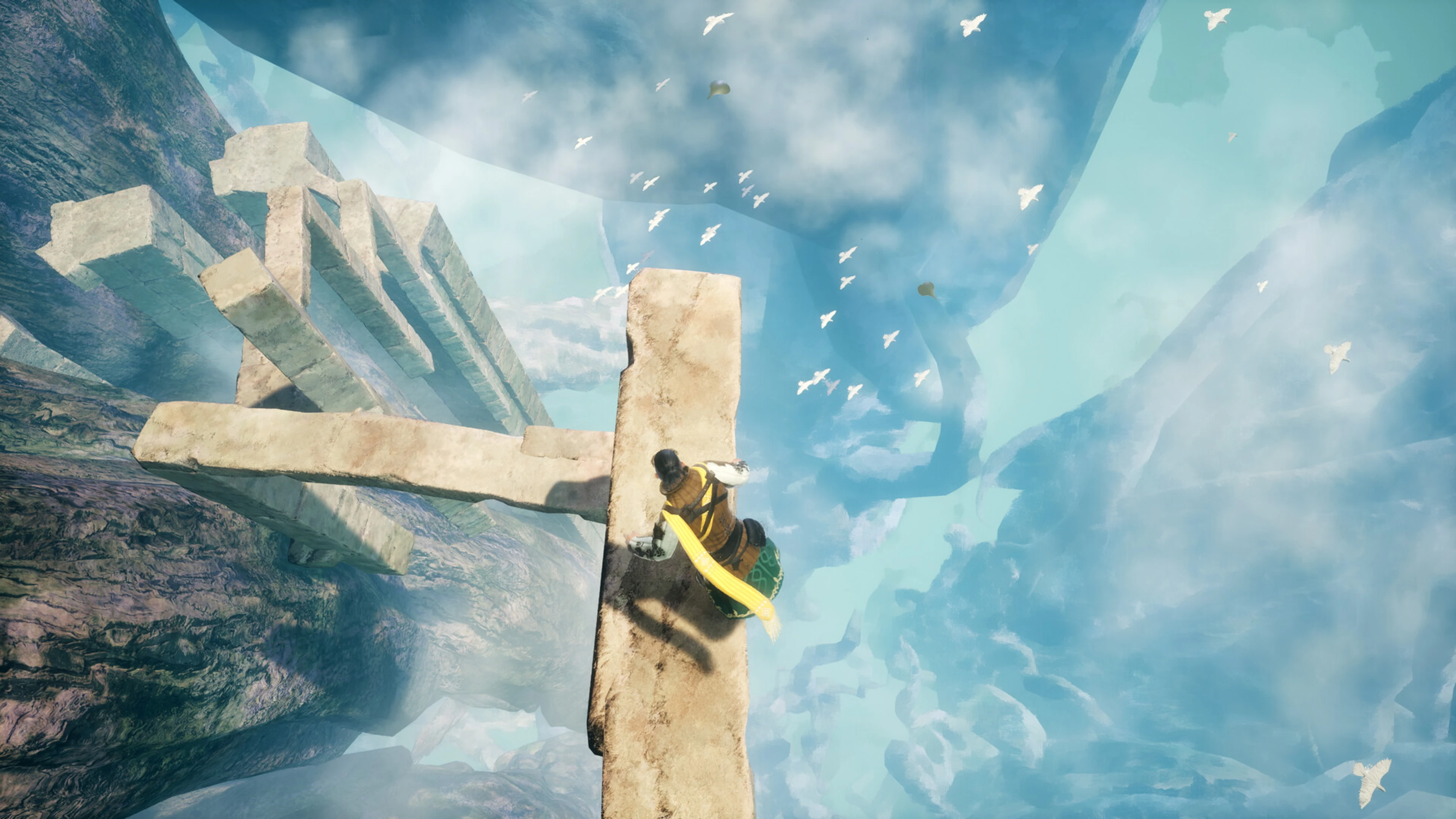 A soldier climbs a stone platform high inside the World Tree in Where the Seeds Fall.