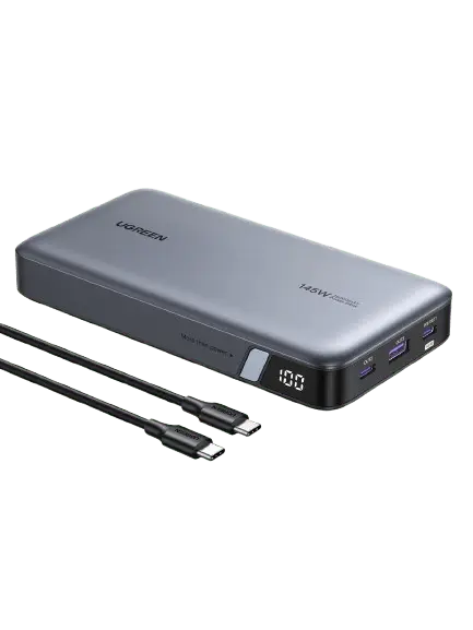 Ugreen 90597A 145W power bank with a battery-percentage display and separate USB-C cable