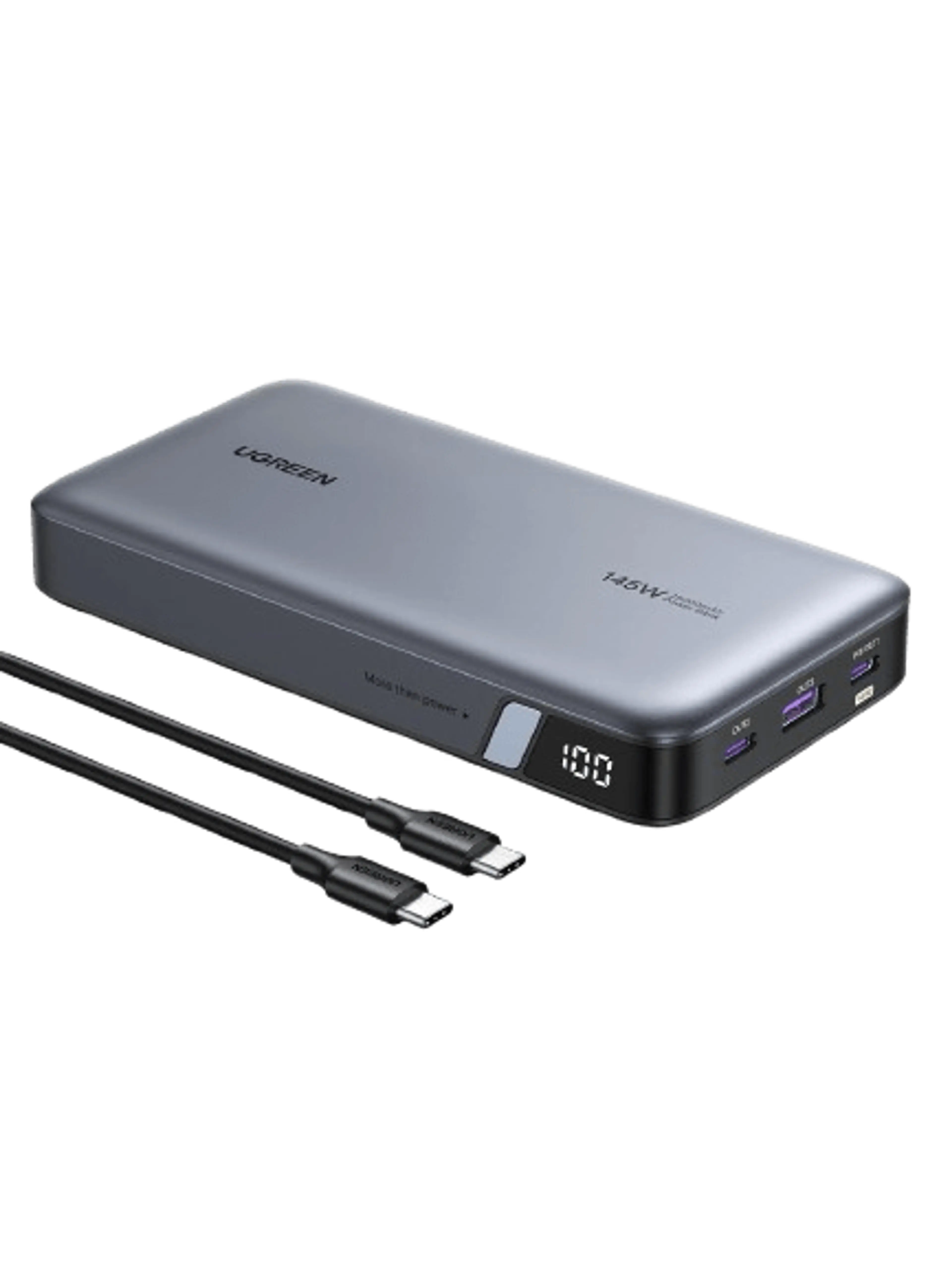 Ugreen 90597A 145W power bank with a battery-percentage display and separate USB-C cable
