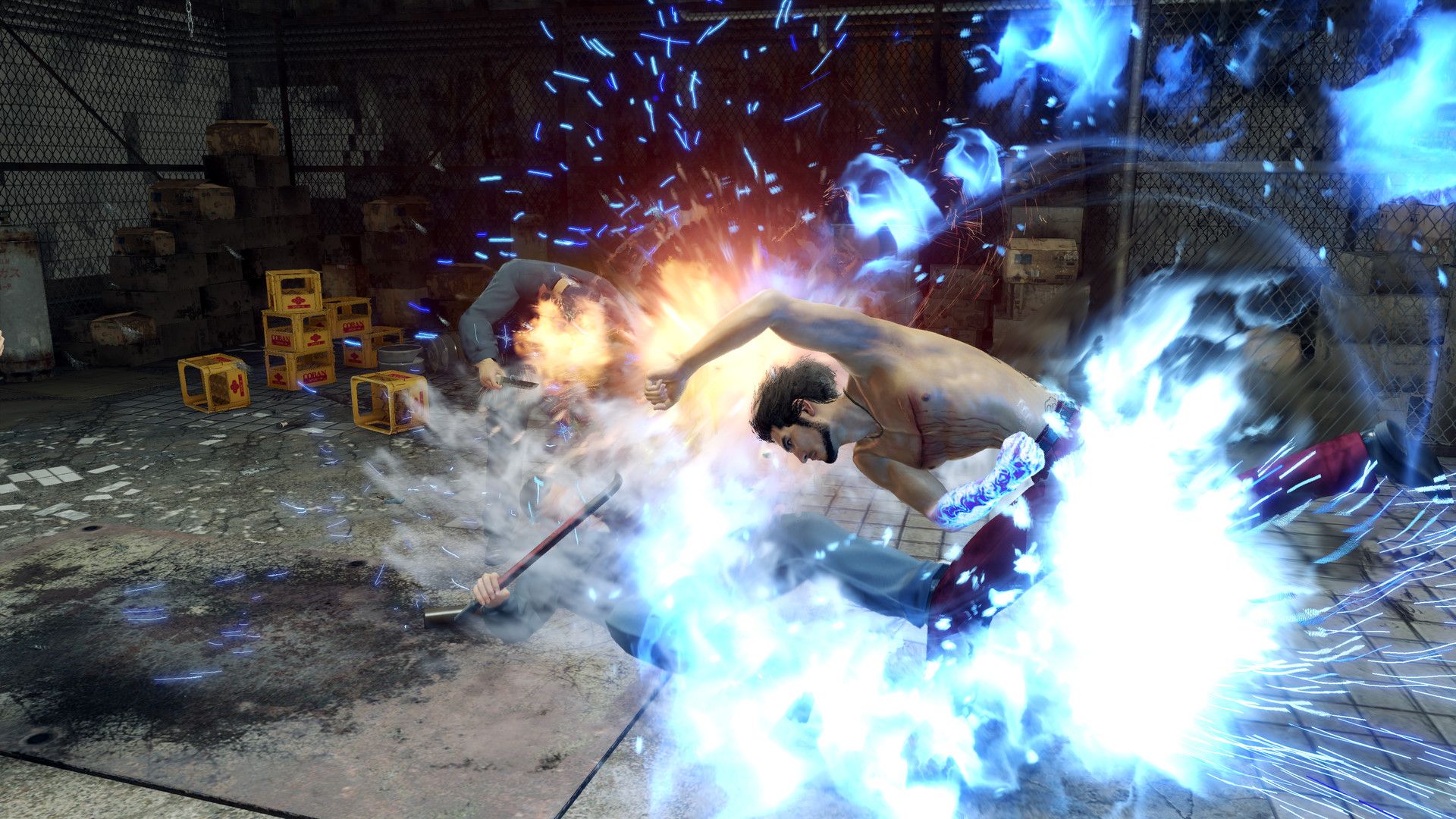 A fighter is struck by a bright blue effect during a battle.
