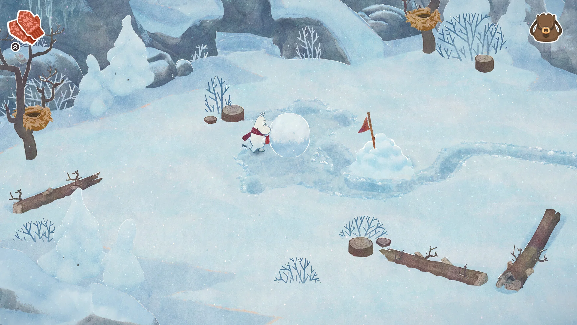 Moomintroll leaves a trail through thick snow in a clear overhead gameplay screenshot.