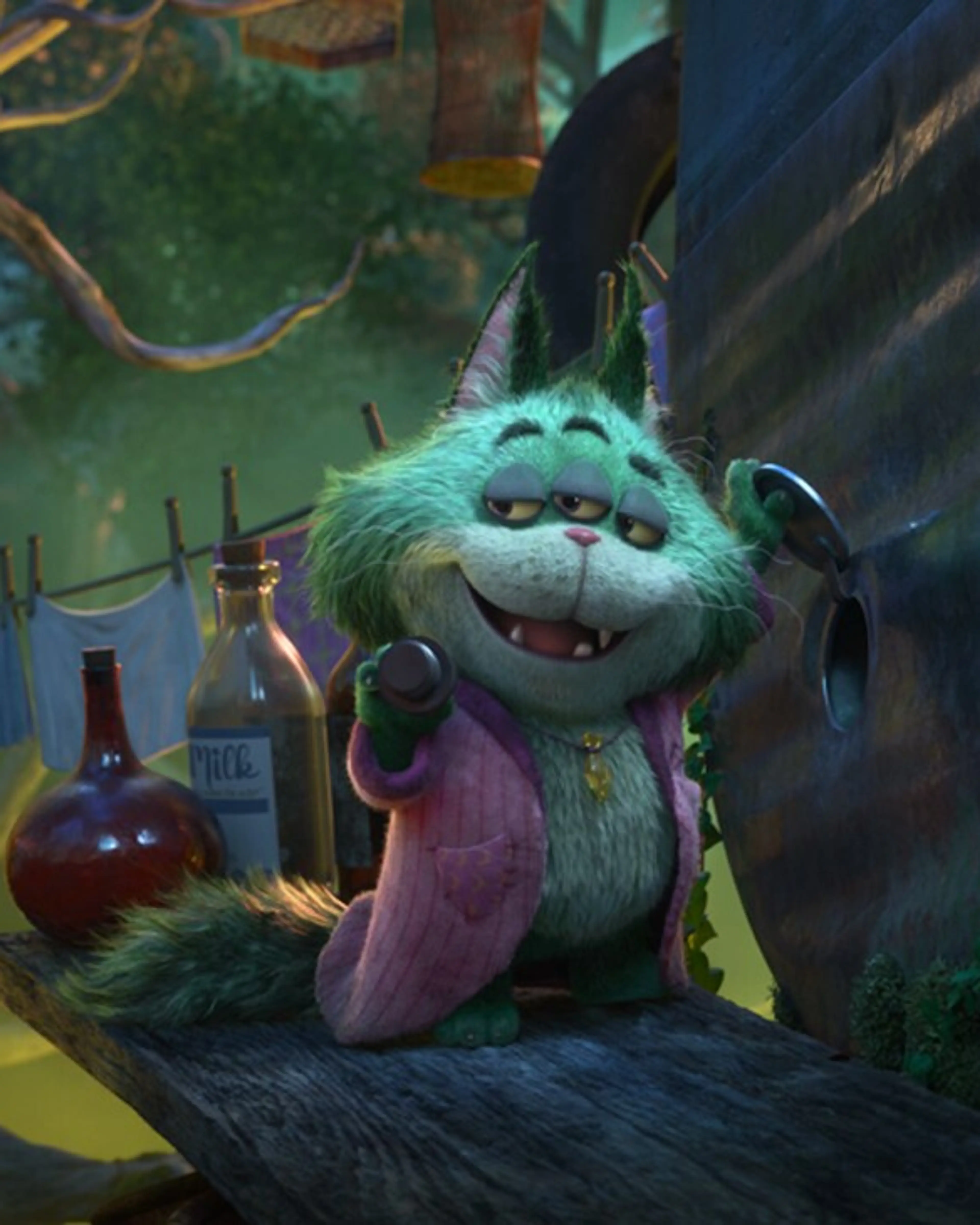 The three-eyed cat Beef Roger Crummchuk balances on a line with a bottle beneath him.