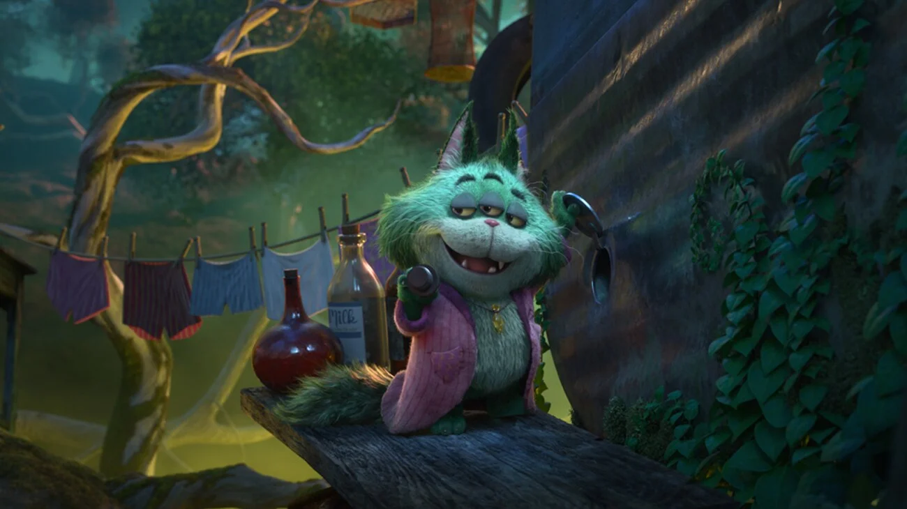 The three-eyed cat Beef Roger Crummchuk balances on a line with a bottle beneath him.