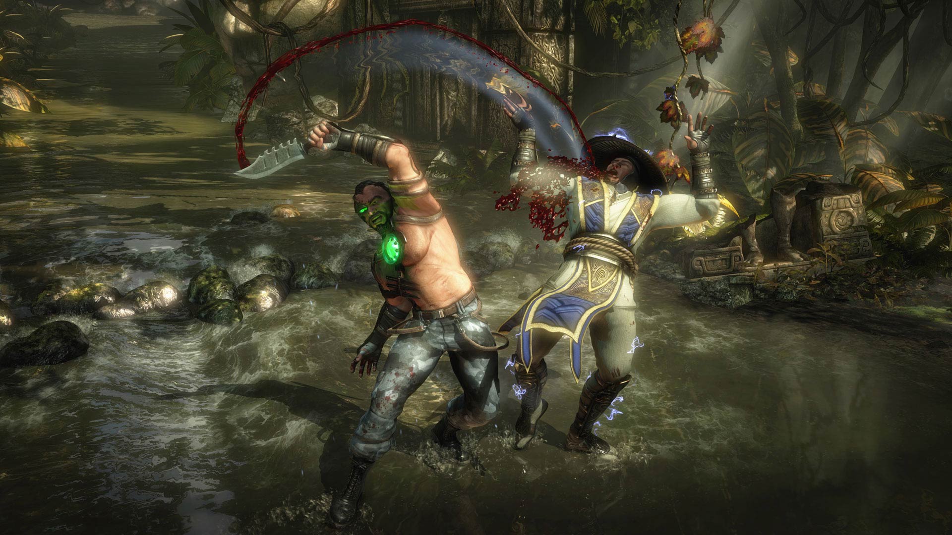 A fighter swings a bladed weapon toward an opponent in a wet wooded arena.