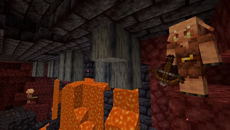 A piglin holding a crossbow near lava and blackstone inside the Nether.