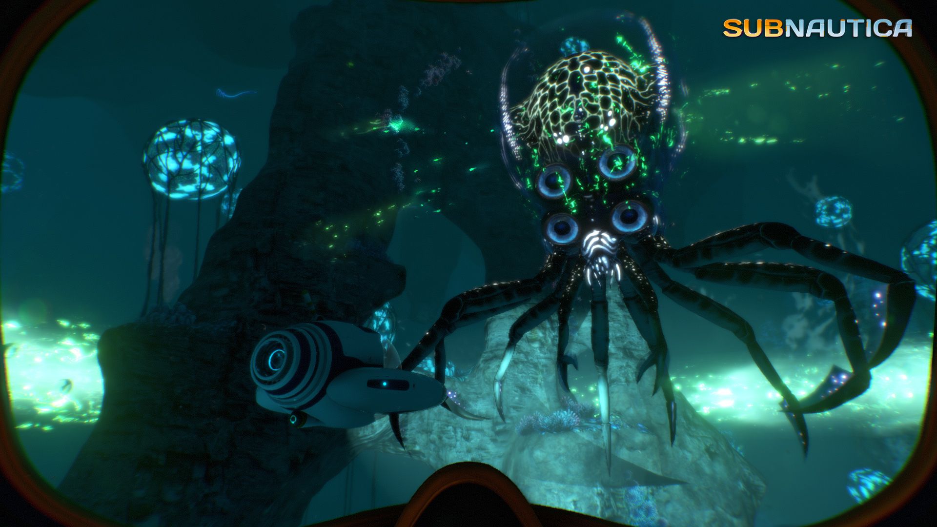 A many-armed creature appears in a dark Subnautica area beside a small underwater vehicle.