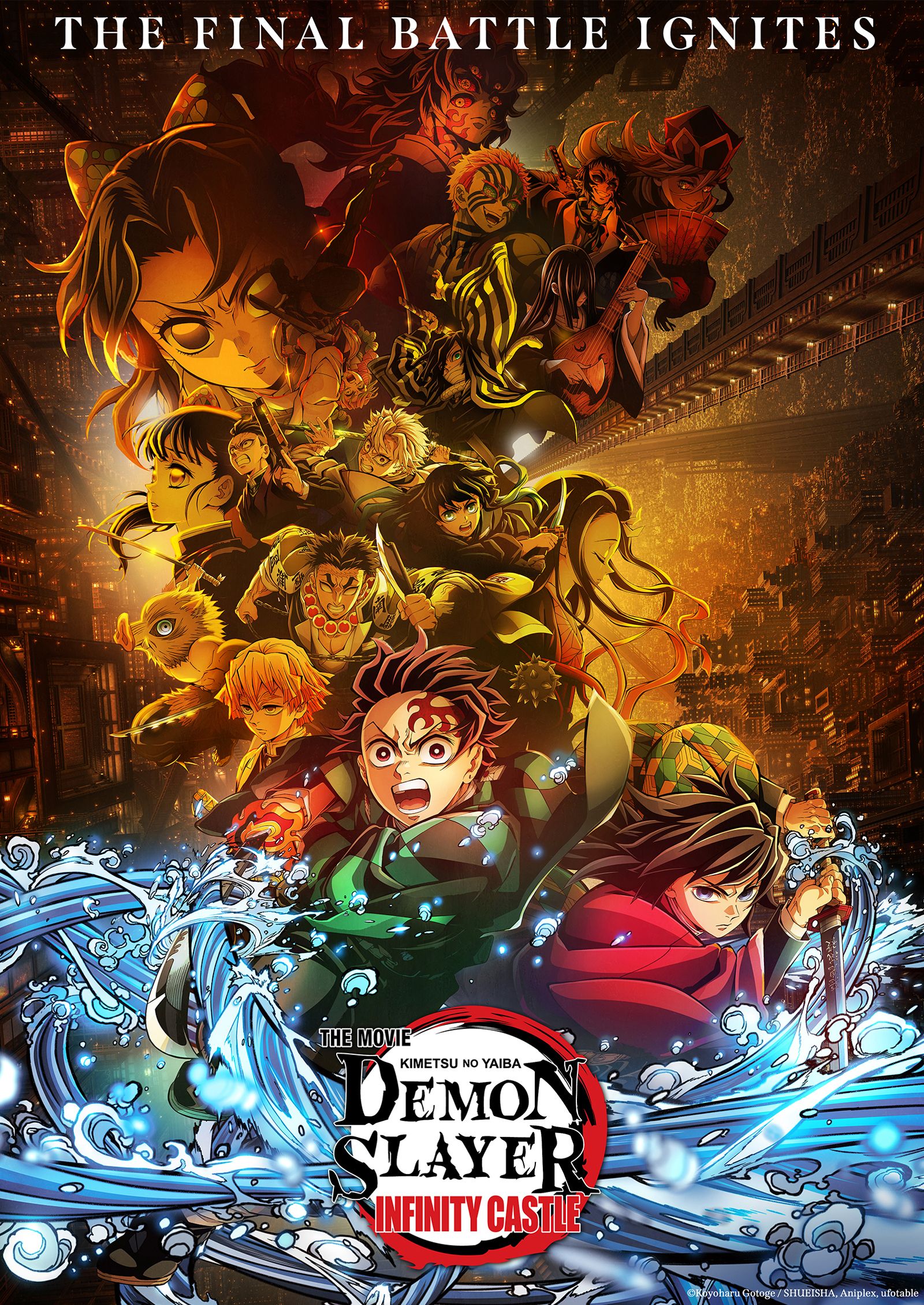 Official Infinity Castle poster showing Tanjiro, Giyu and the ensemble against the fortress.