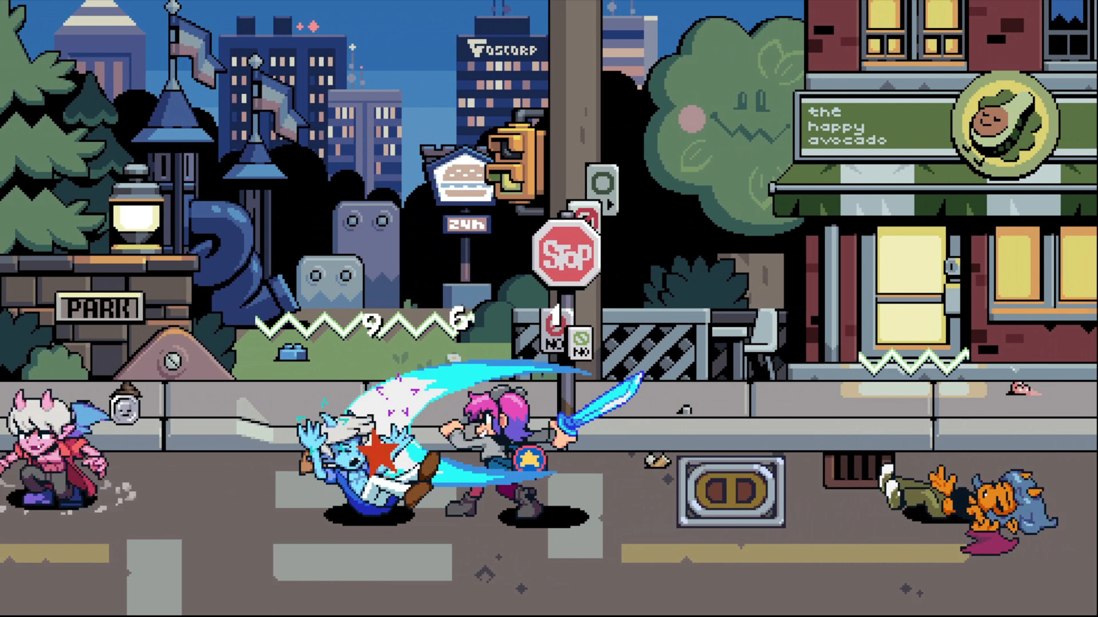 Scott Pilgrim swings a glowing blue weapon at an enemy on a Toronto street.
