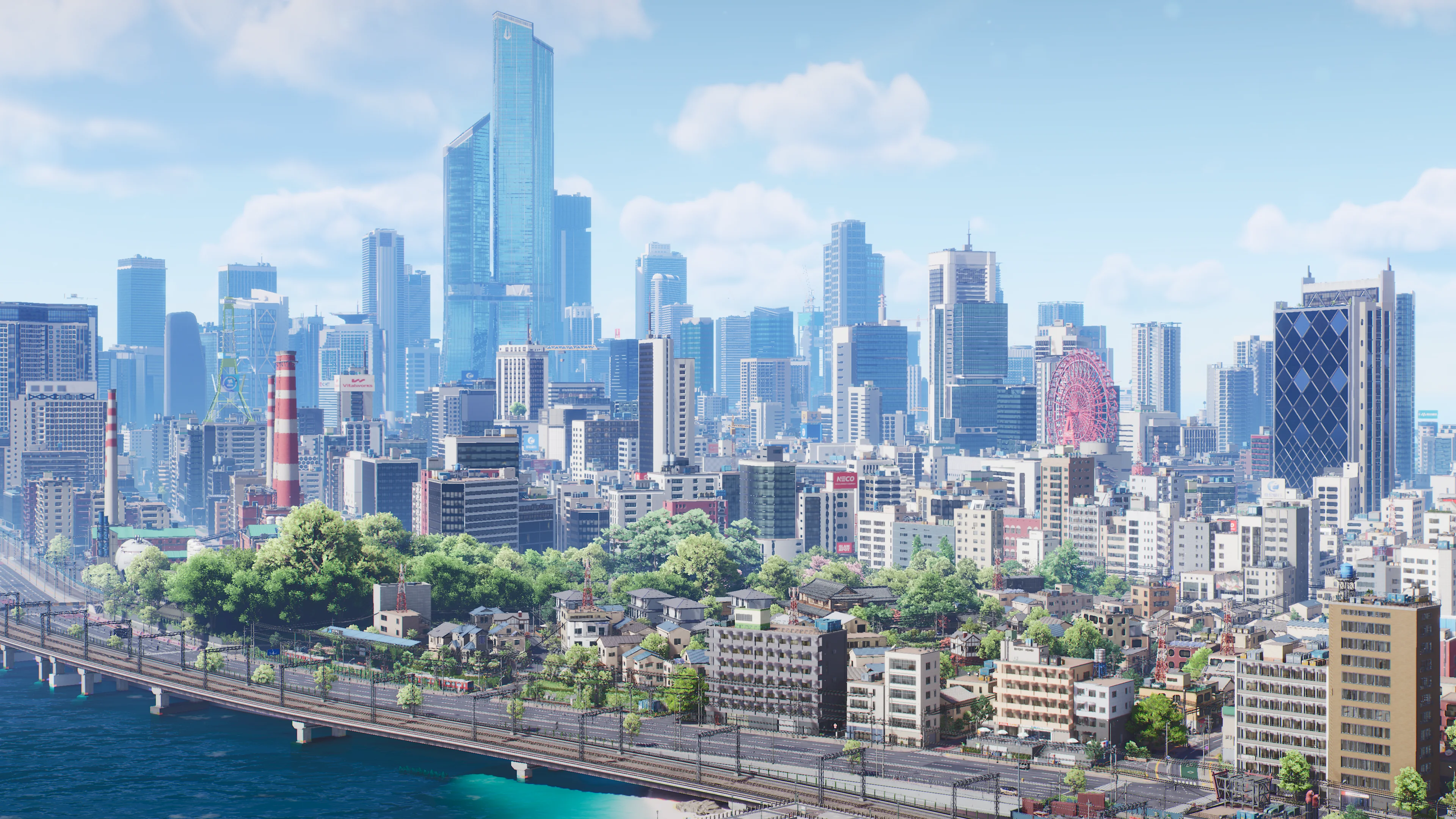 ANANTA’s bright city skyline stretches across the coast, with rail lines, dense neighborhoods, and a ferris wheel in the distance.