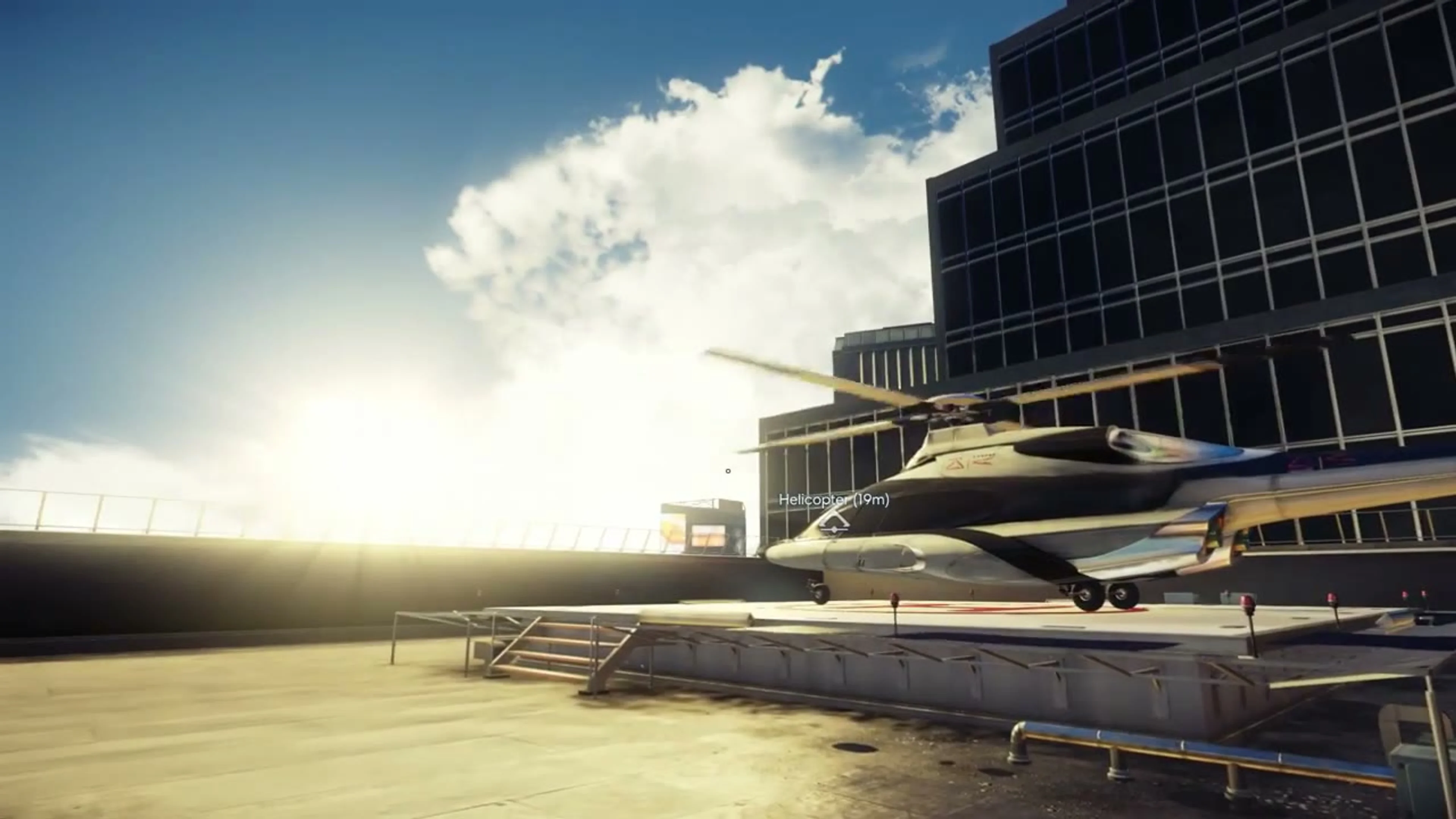 A small helicopter waits on the bright rooftop platform.