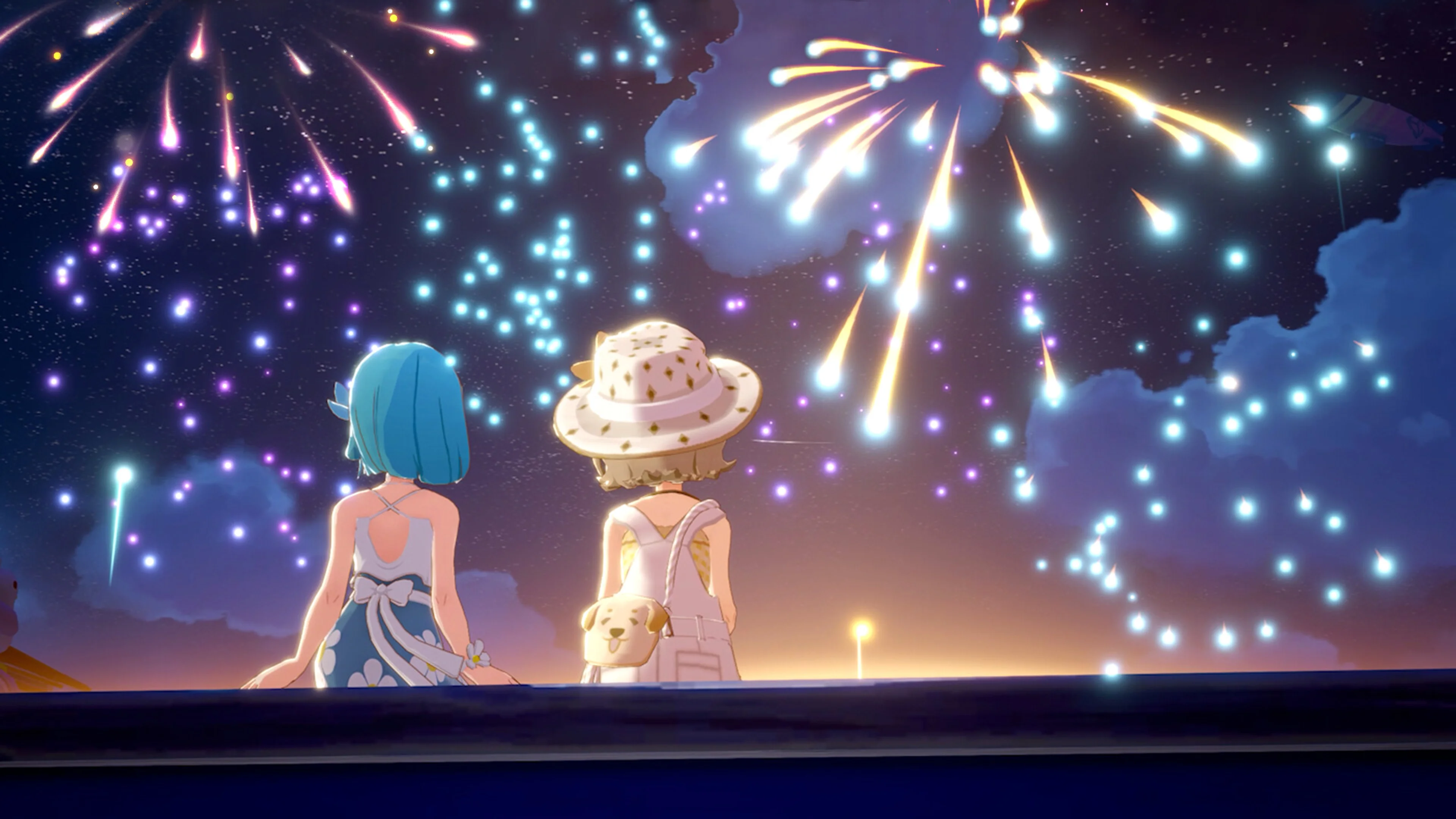 Two Starsand Island characters watching fireworks together at night