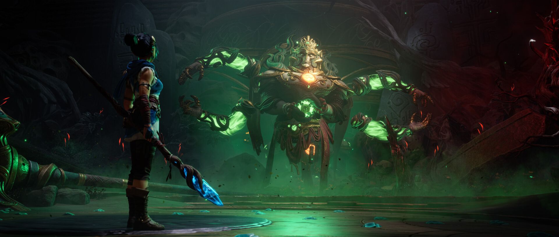 Kena facing an Earth Immortal with glowing green limbs.