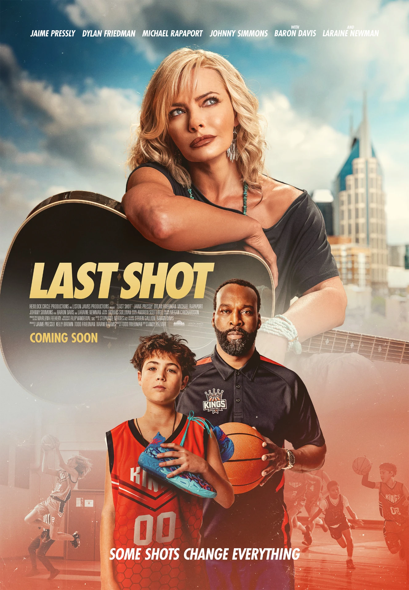 Official Last Shot poster shows Jaime Pressly, Dylan Friedman and Baron Davis with the film title.