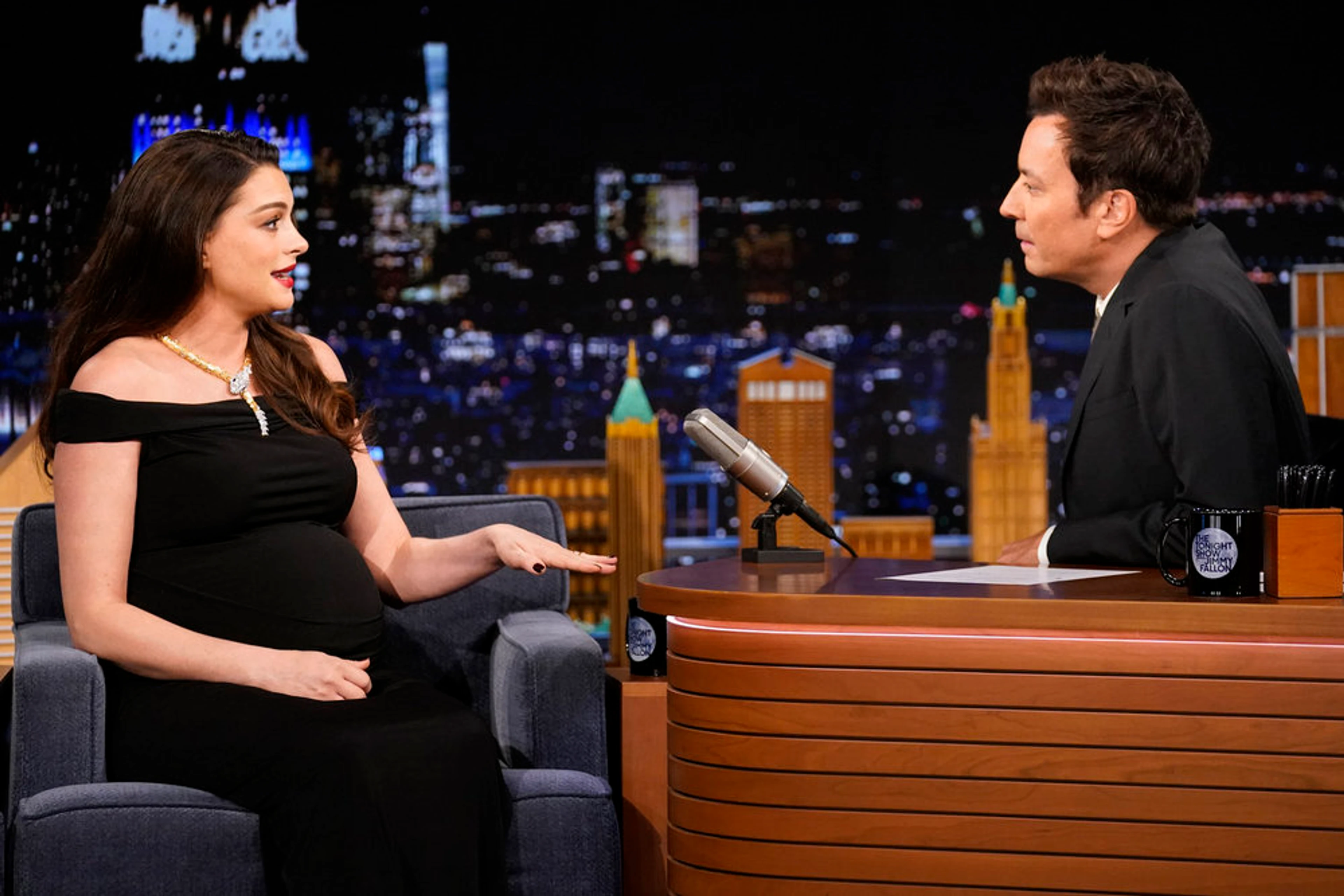 Anne Hathaway talks to Jimmy Fallon on The Tonight Show.
