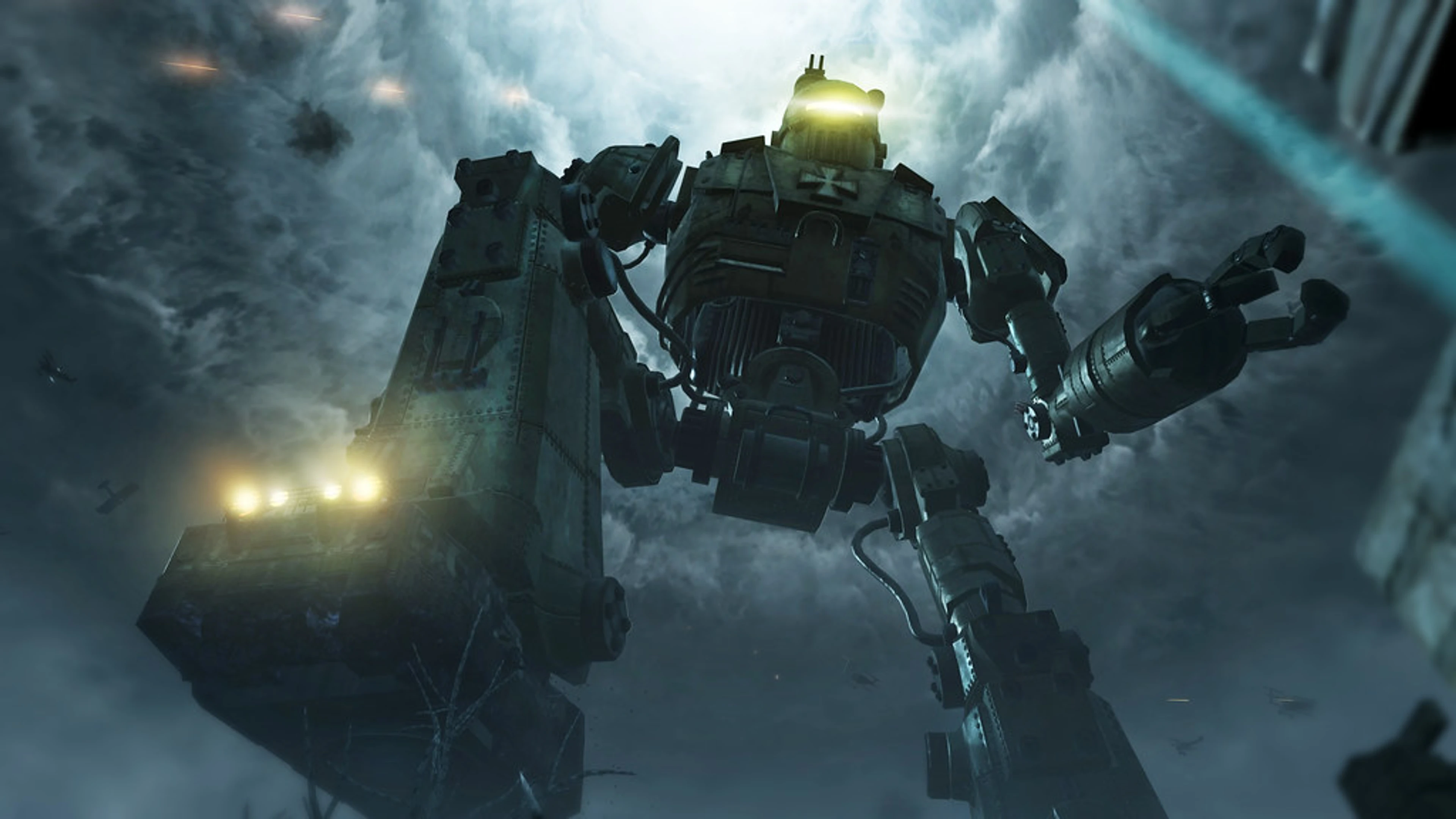 A giant robot walks through the Origins battlefield in Call of Duty: Black Ops II Zombies.