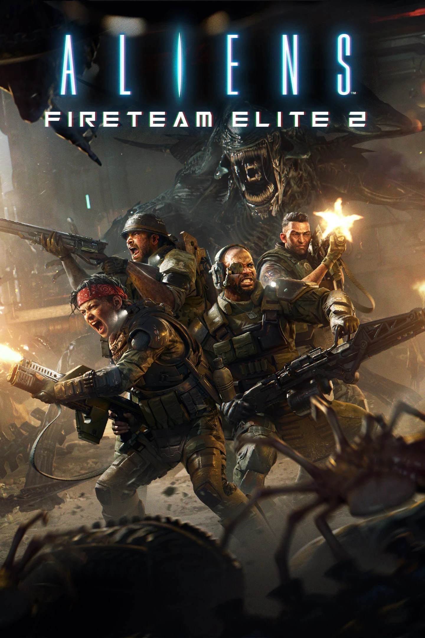 Aliens: Fireteam Elite 2 official cover shows four armed marines fighting xenomorphs.