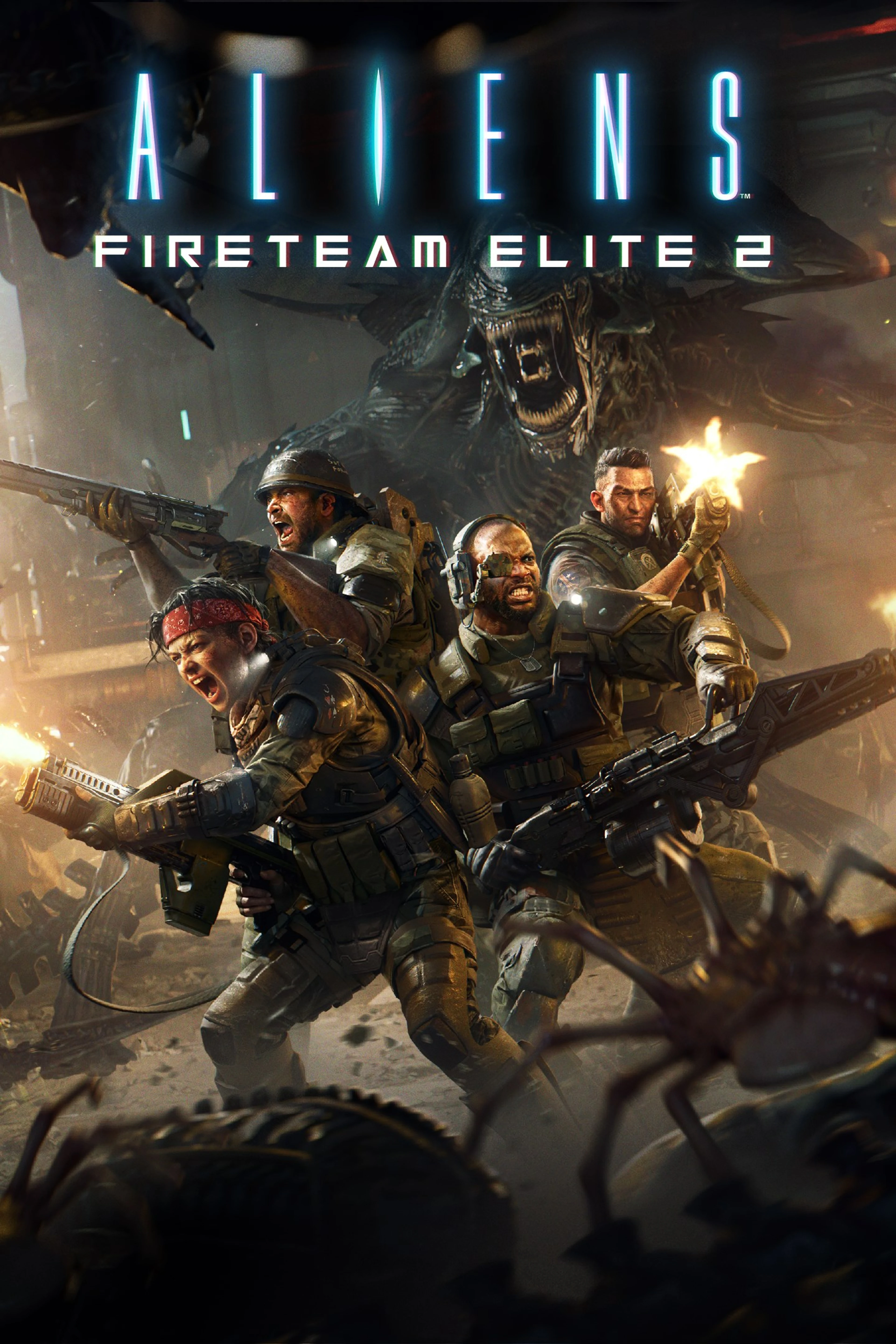Aliens: Fireteam Elite 2 official cover shows four armed marines fighting xenomorphs.