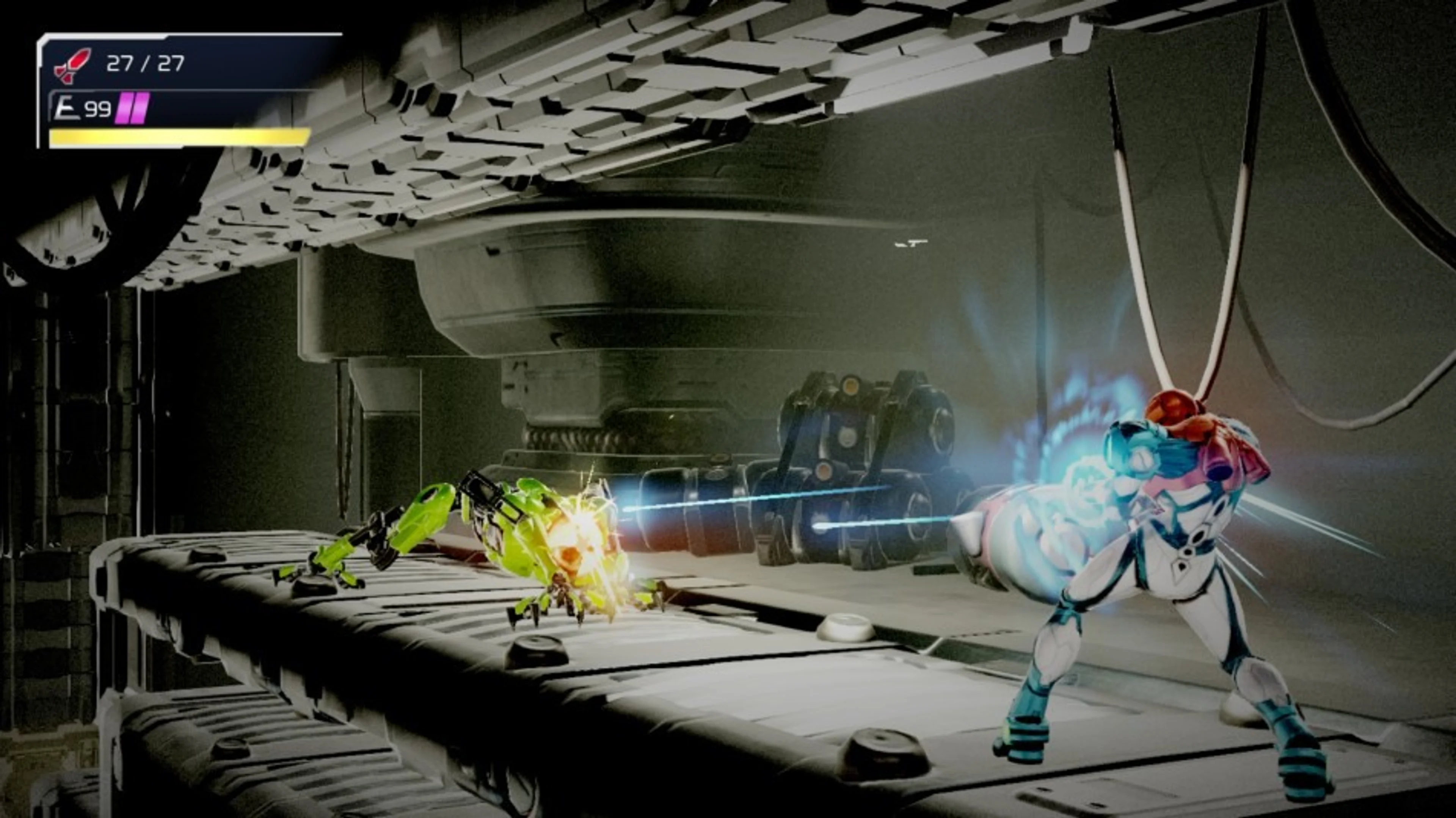 Samus uses the blue Omega Cannon against an E.M.M.I. in a long corridor.