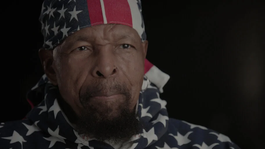 Mr. T looks into the camera in a close-up from the documentary trailer.