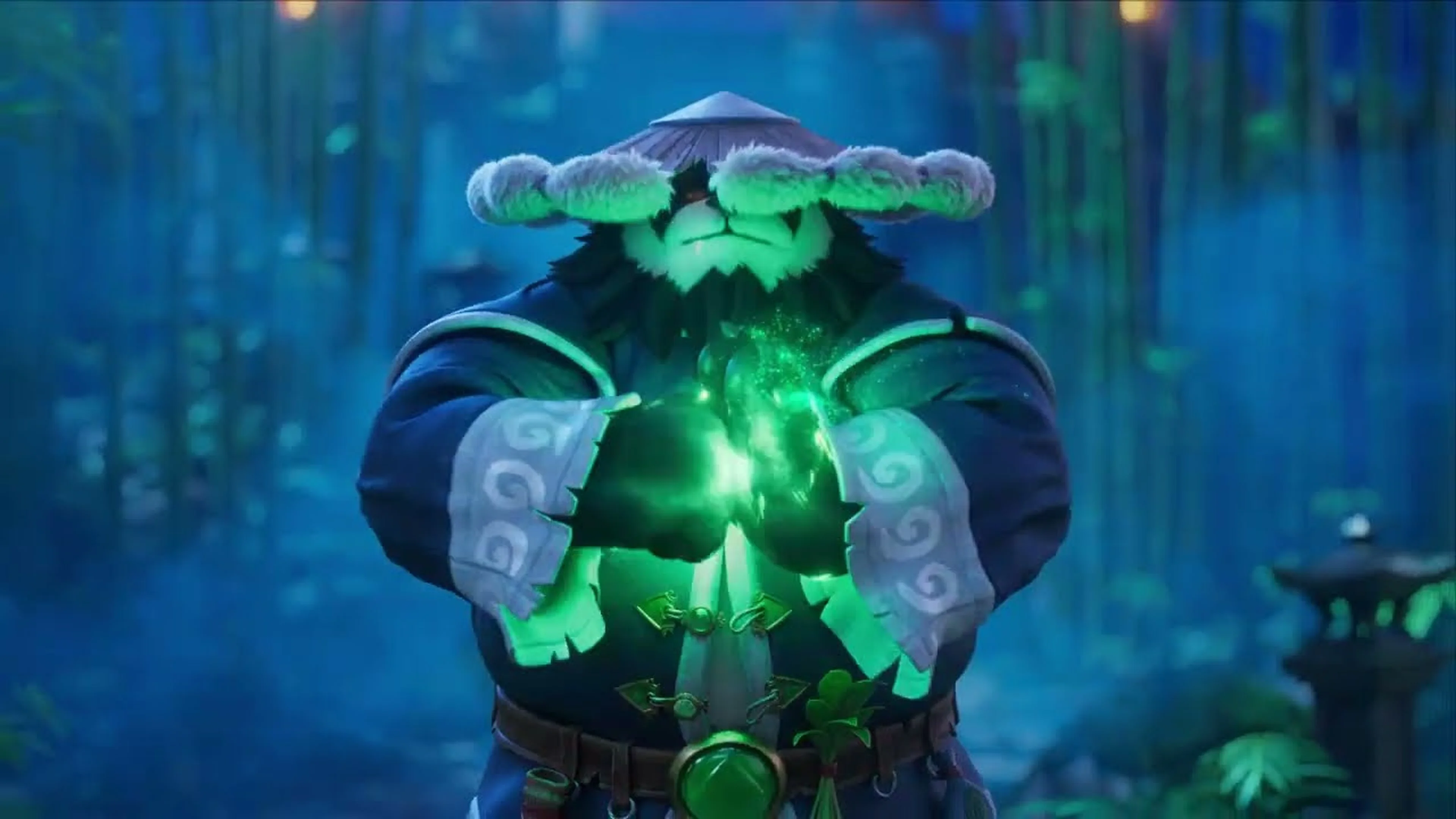 A Pandaren Monk channels glowing green energy between his hands.