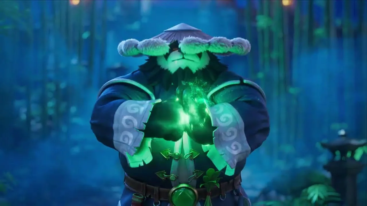 A Pandaren Monk channels glowing green energy between his hands.