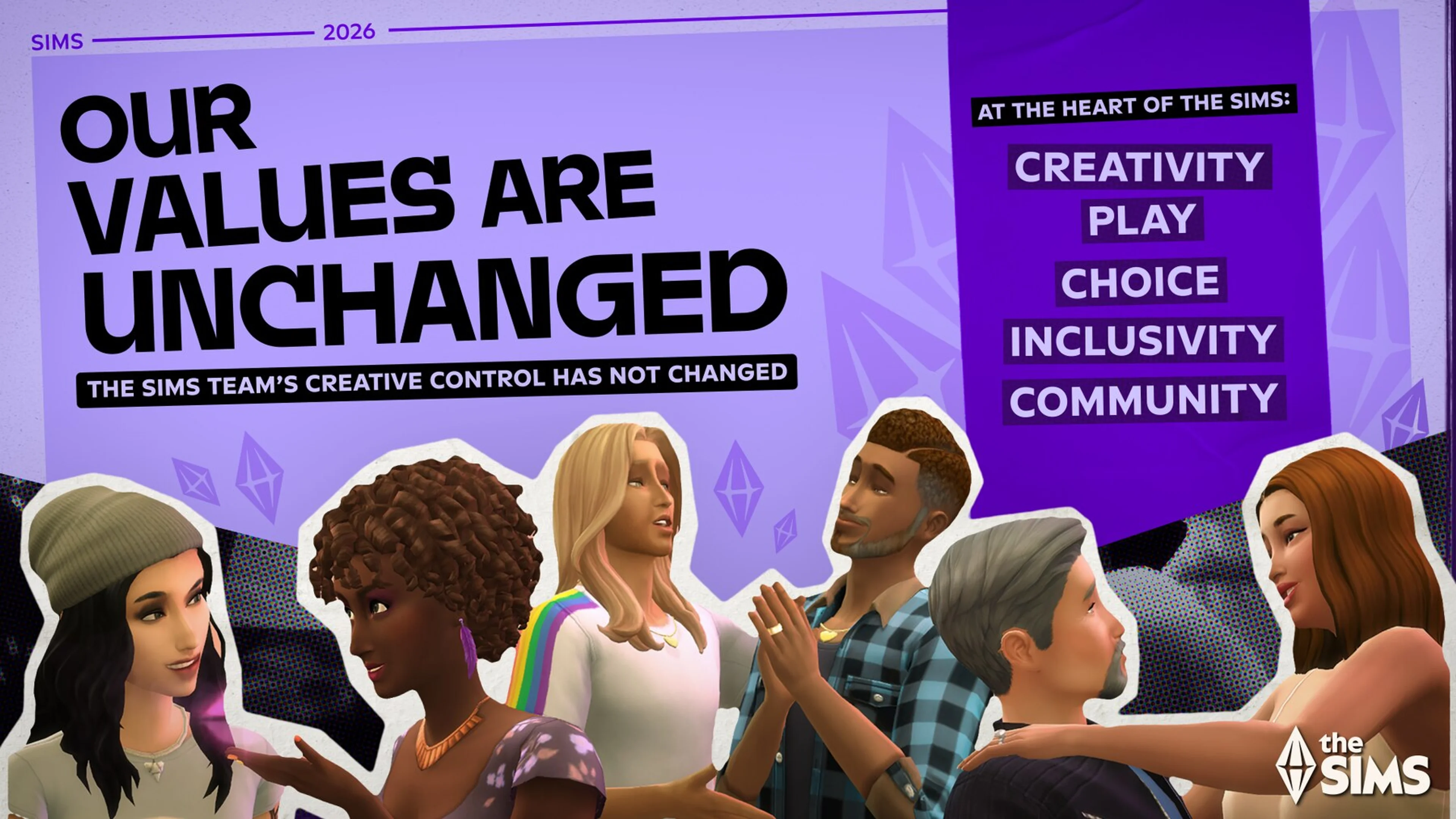Official Sims artwork stating that the franchise's values and creative control are unchanged