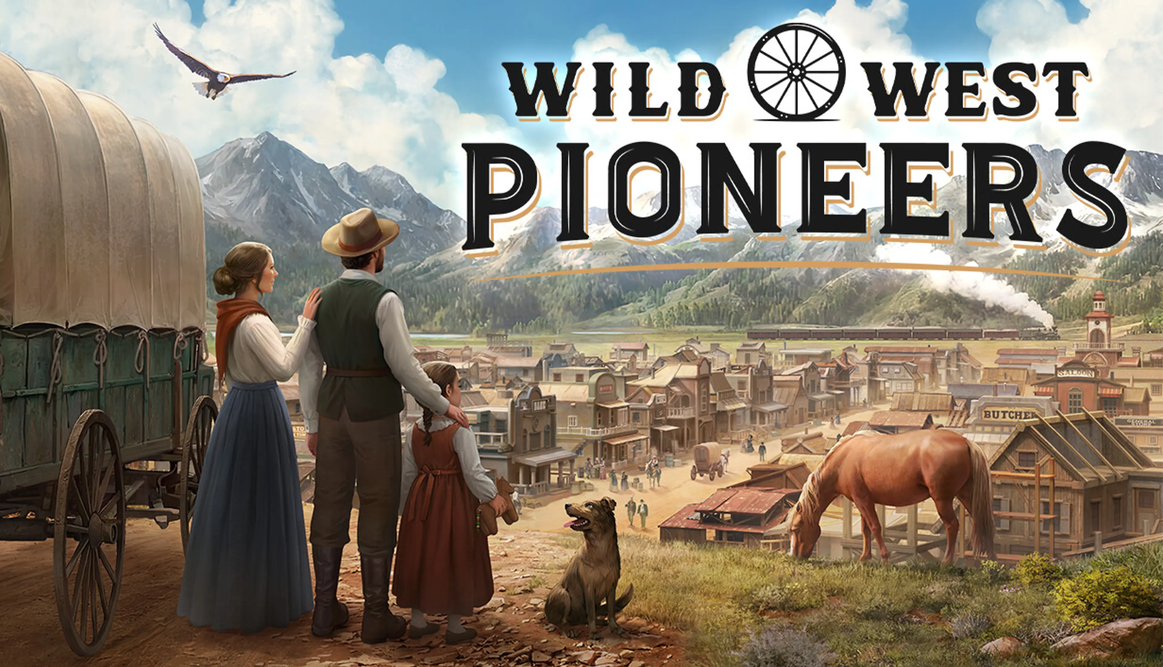 Official Wild West Pioneers cover art with the game logo above a pioneer family and frontier town.