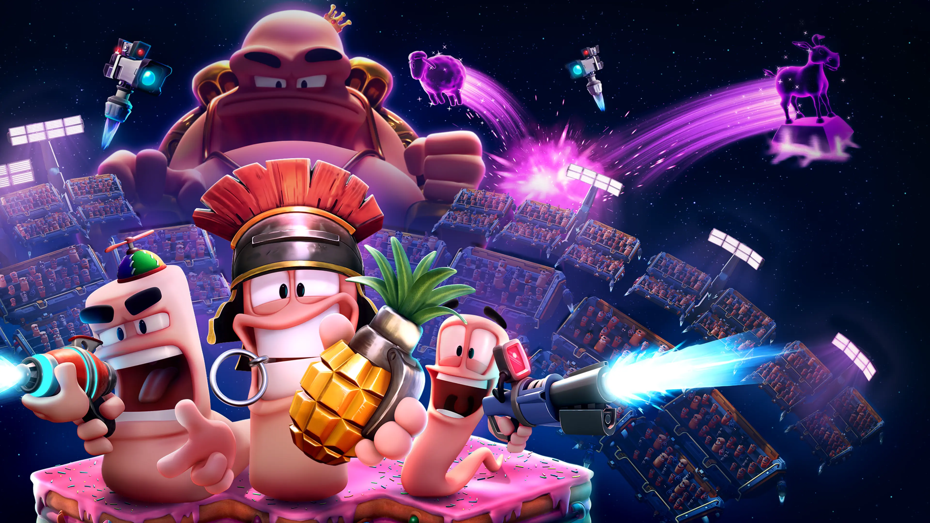 Three armed Worms face Emperor Flugg among floating arenas and neon sheep in outer space.