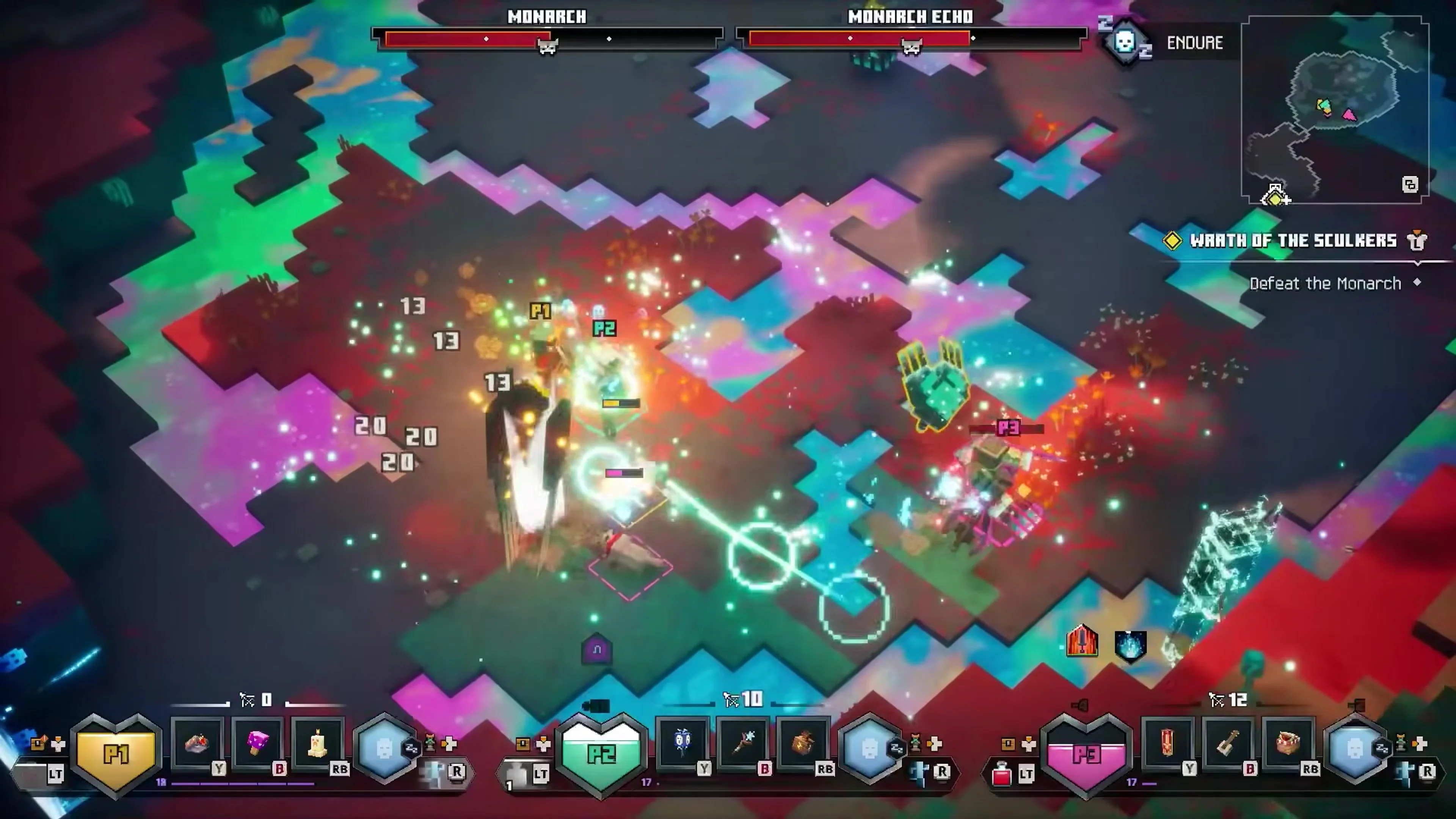 Three Minecraft Dungeons II heroes fight enemies across a glowing floor in The Sift.