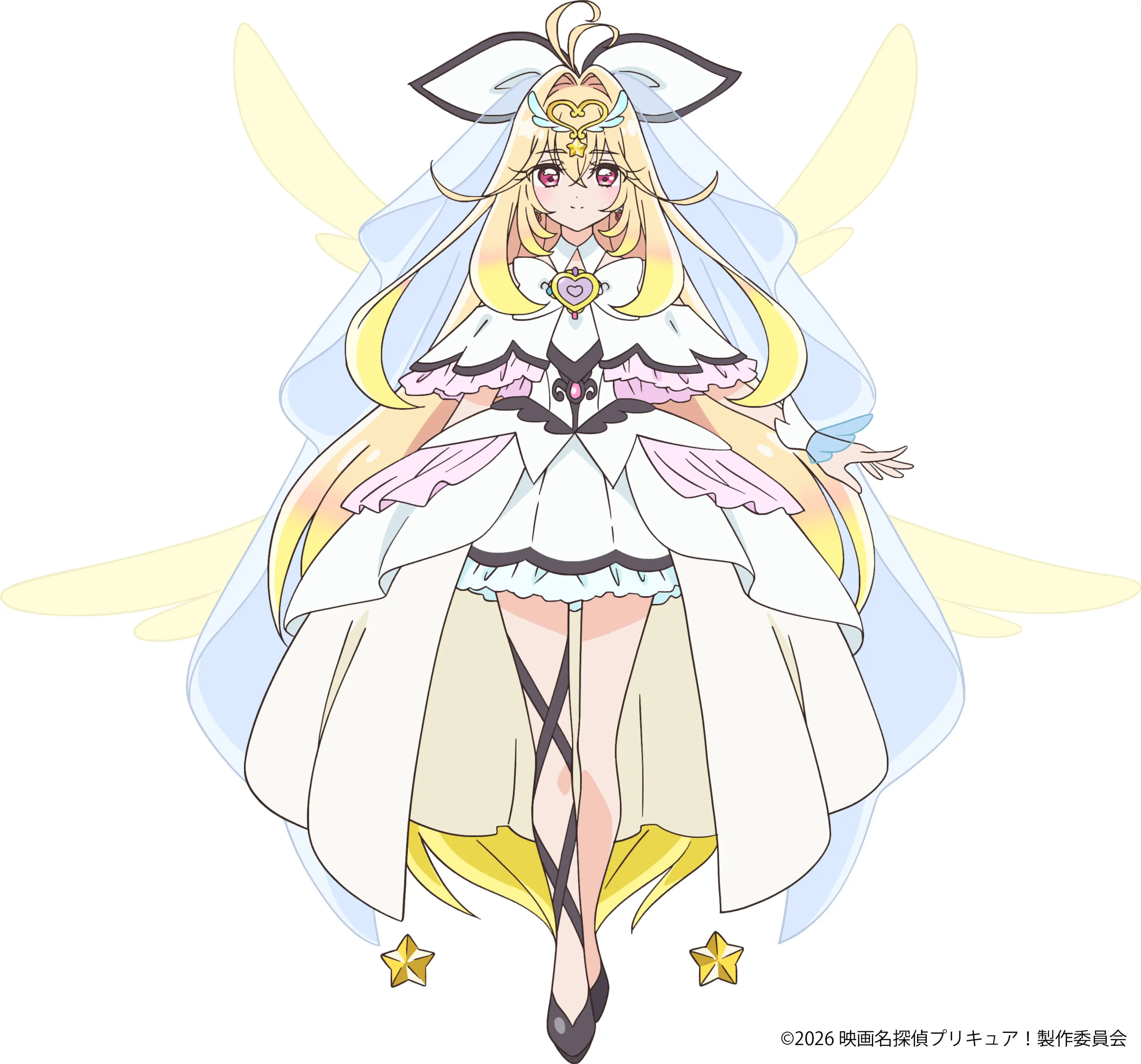 Cure Arcana wears a white, black and gold Future Form with veil-like fabric and golden wings.