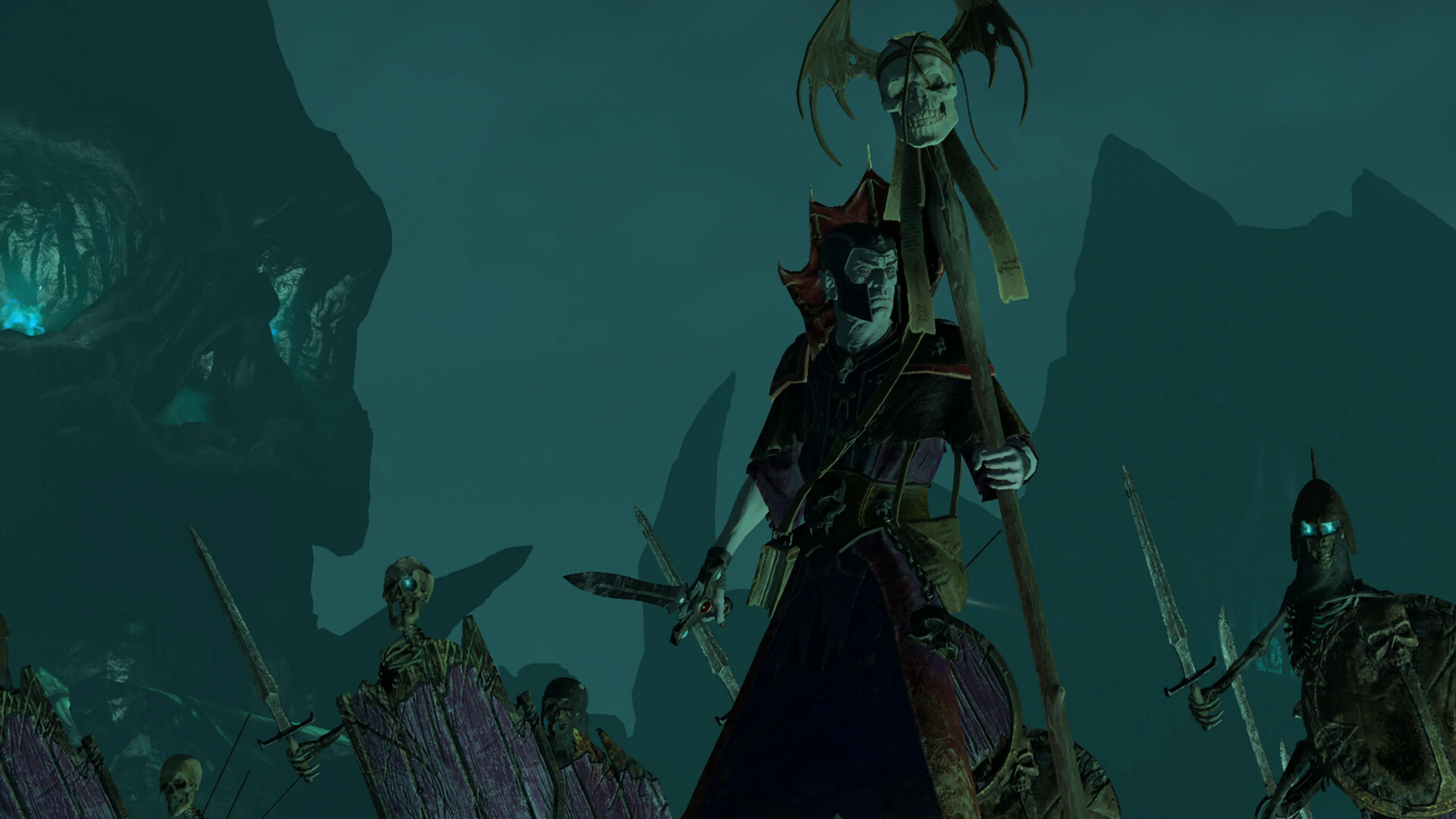 Nagash stands with undead troops in a Total War: Warhammer III screenshot.