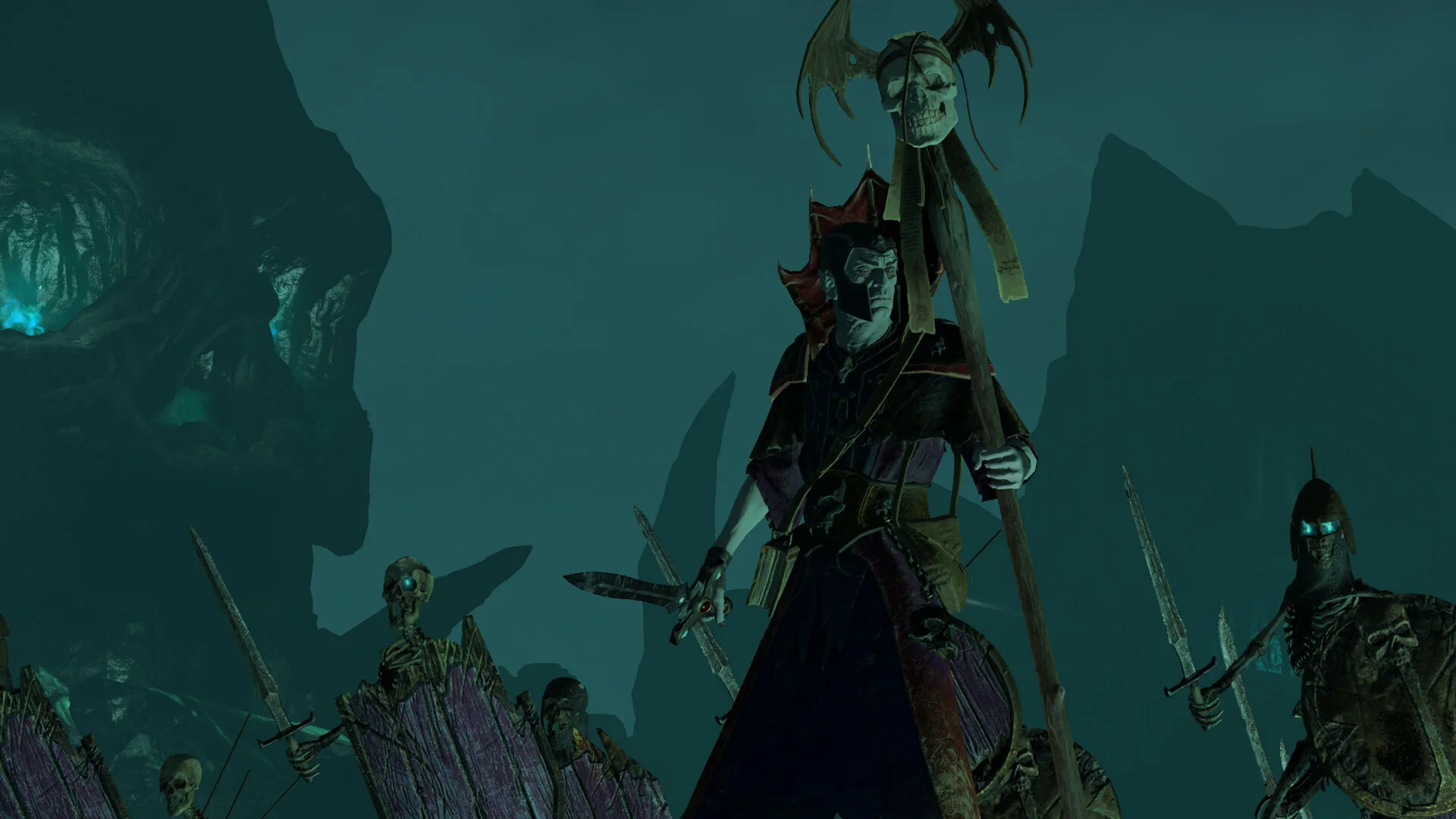 Nagash stands with undead troops in a Total War: Warhammer III screenshot.