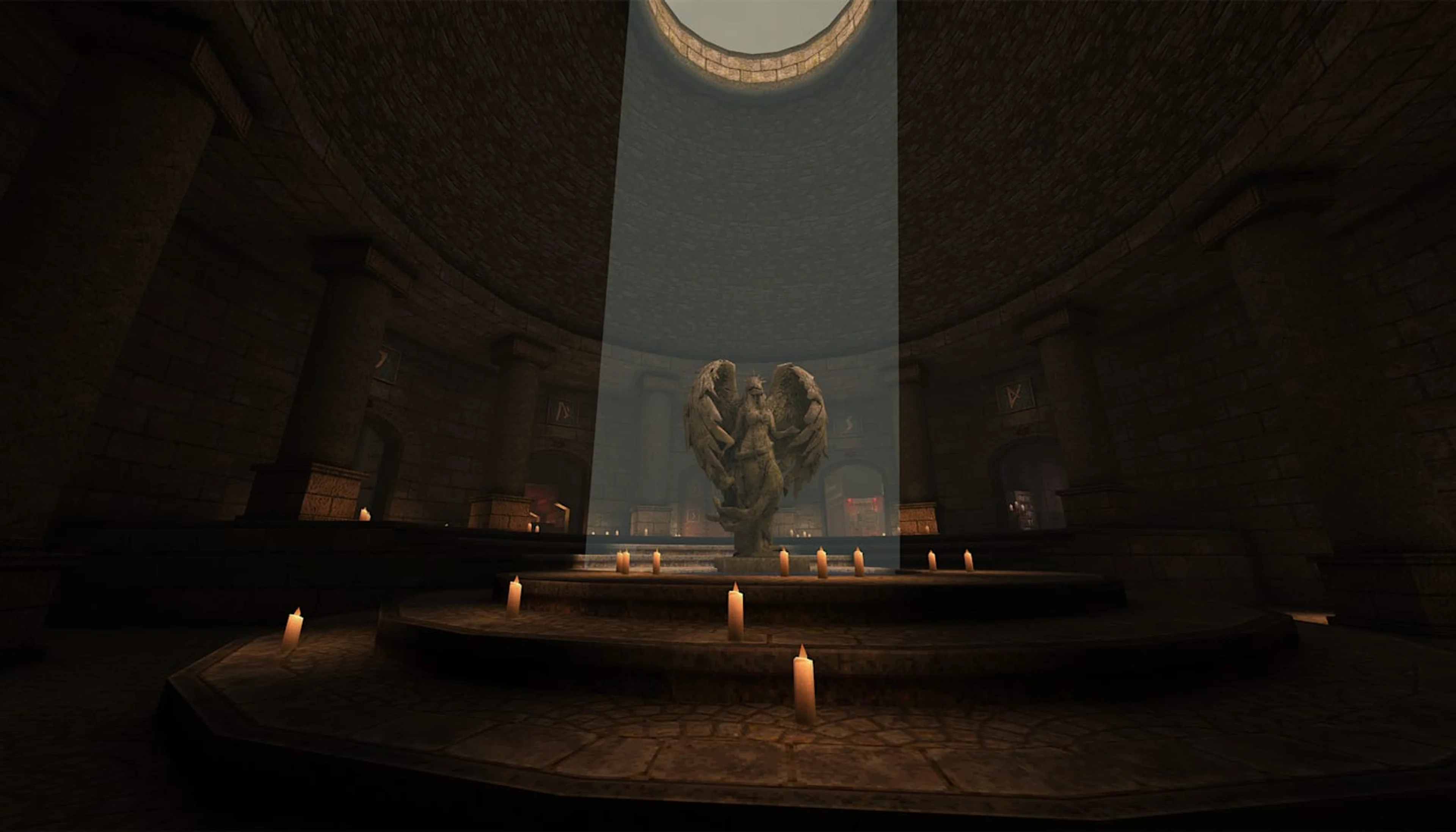 An angel statue stands in a candlelit episode hub in Quake: Dawn of the Machine.