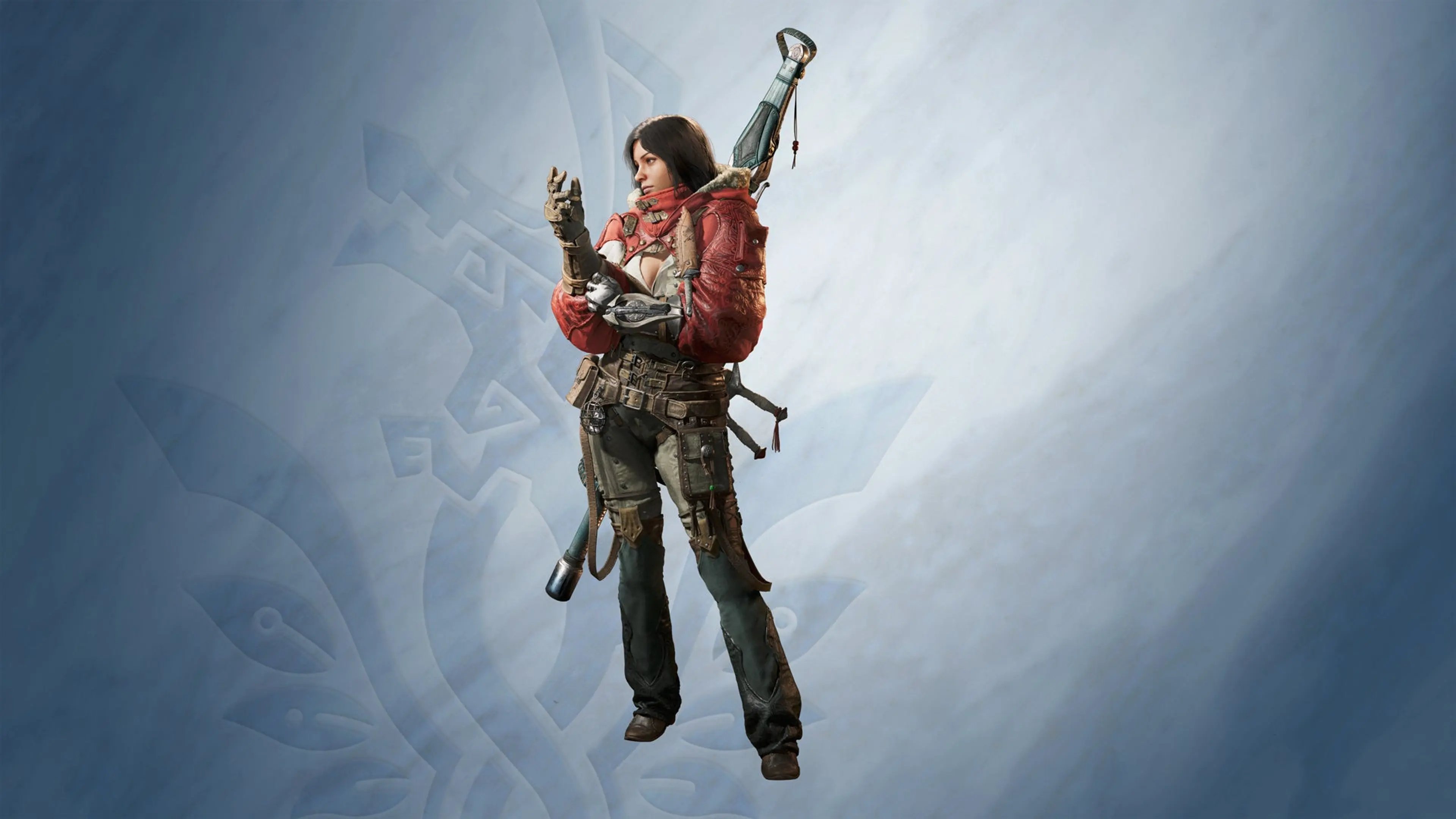 A hunter in red equipment inspects the Boost Bracer in Monster Hunter Wilds: Ascendance.