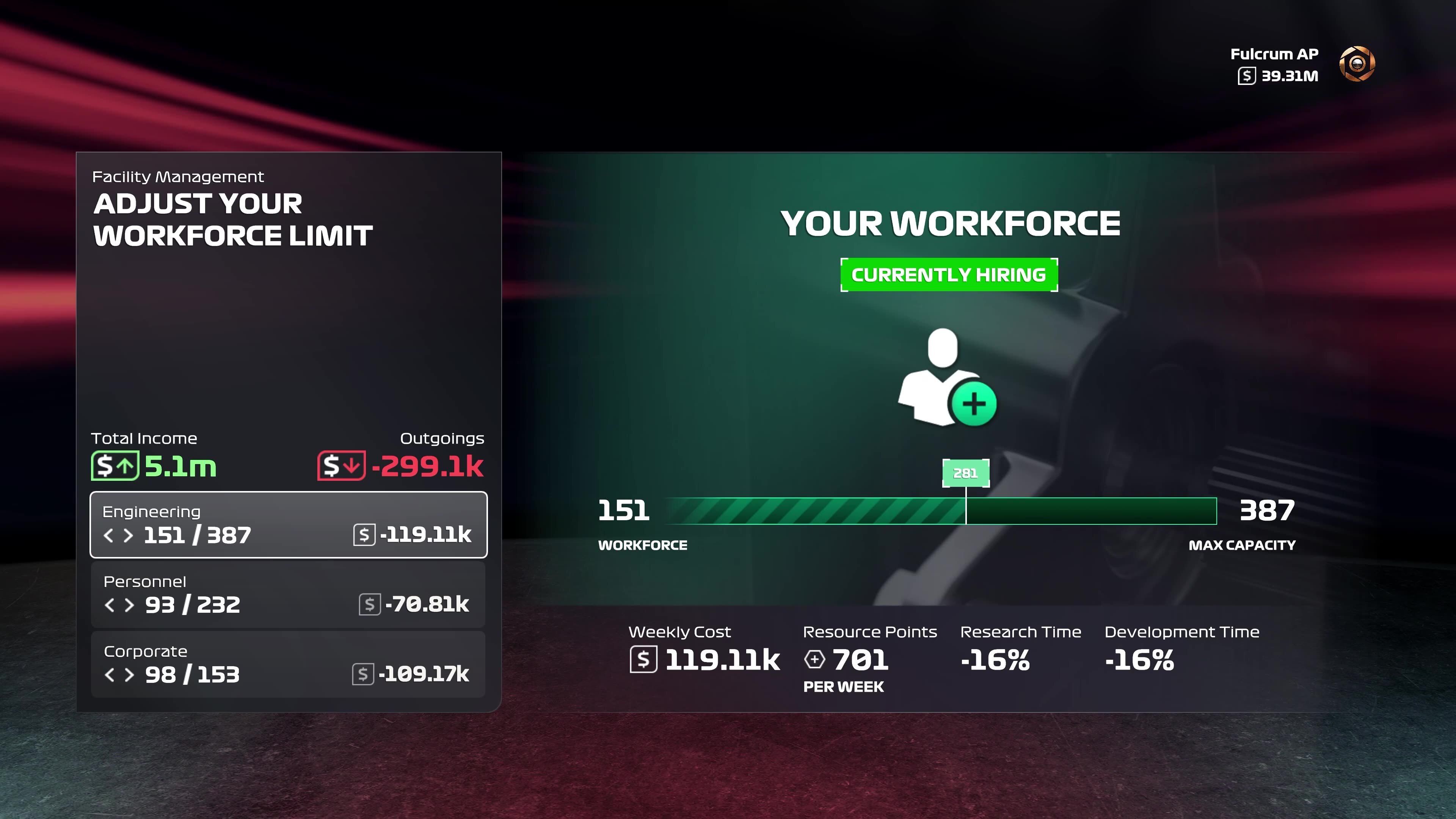 F1 25 workforce menu showing staffing, weekly cost and development time.