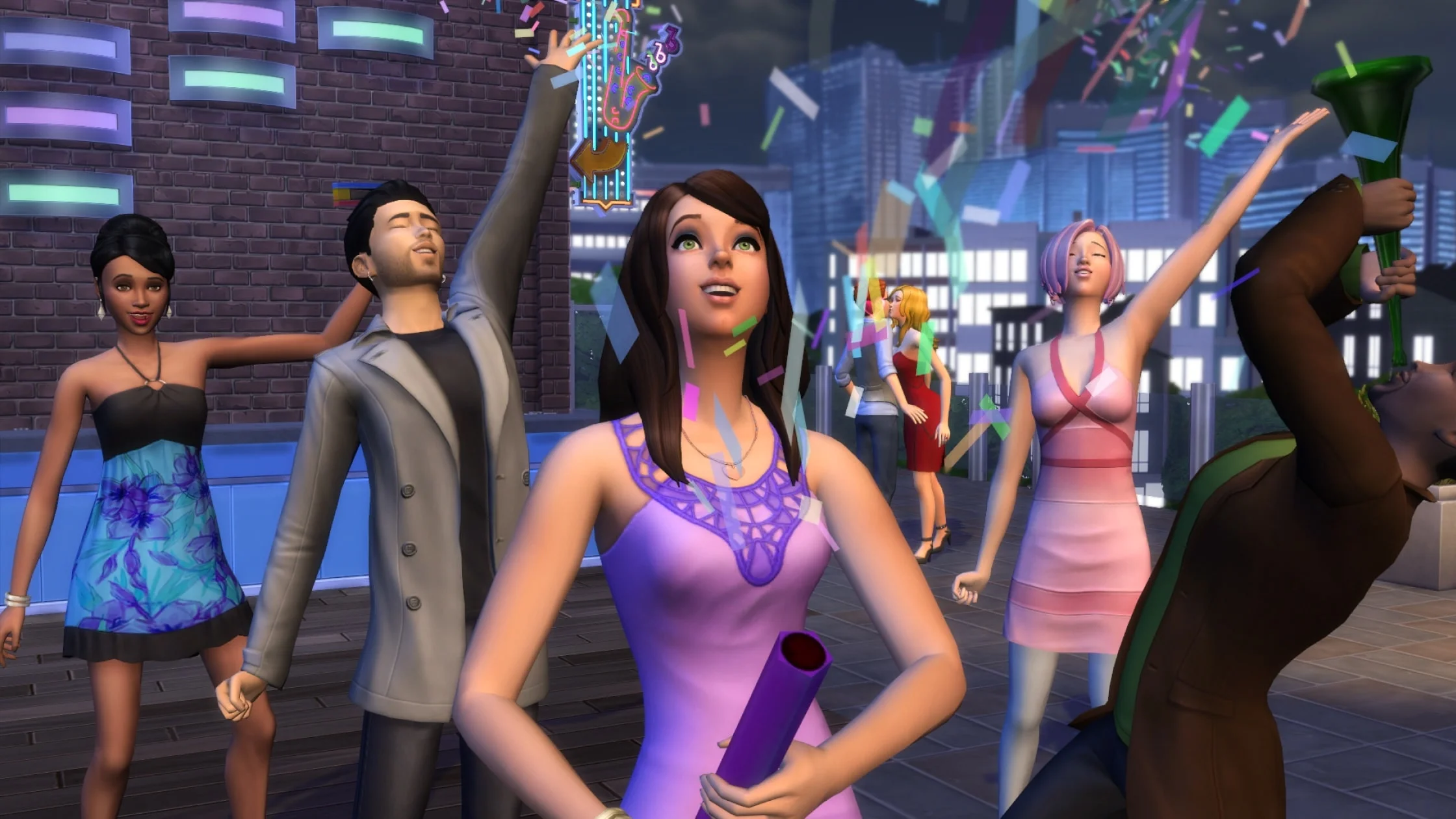 Five Sims celebrating together in The Sims 4
