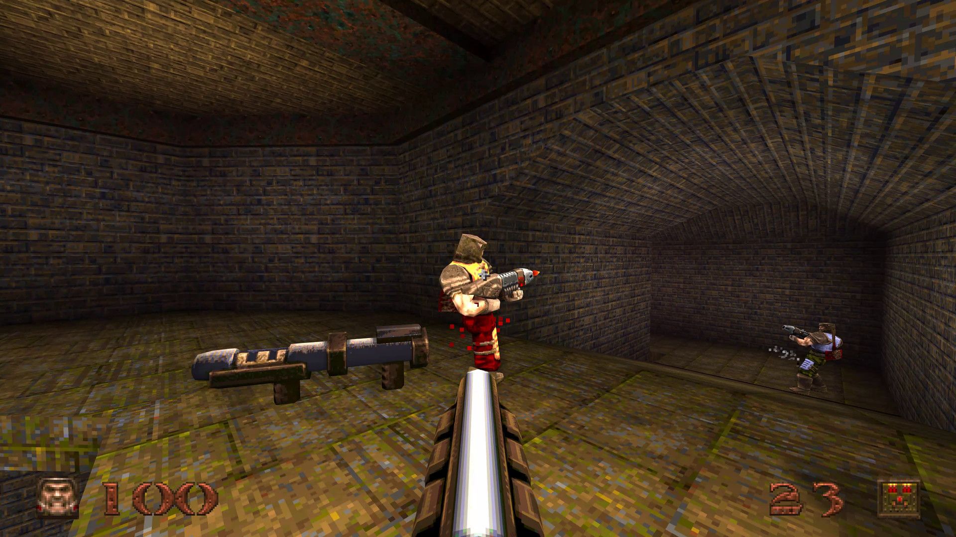 A first-person shotgun fires at an opponent inside a brick passage in Quake.