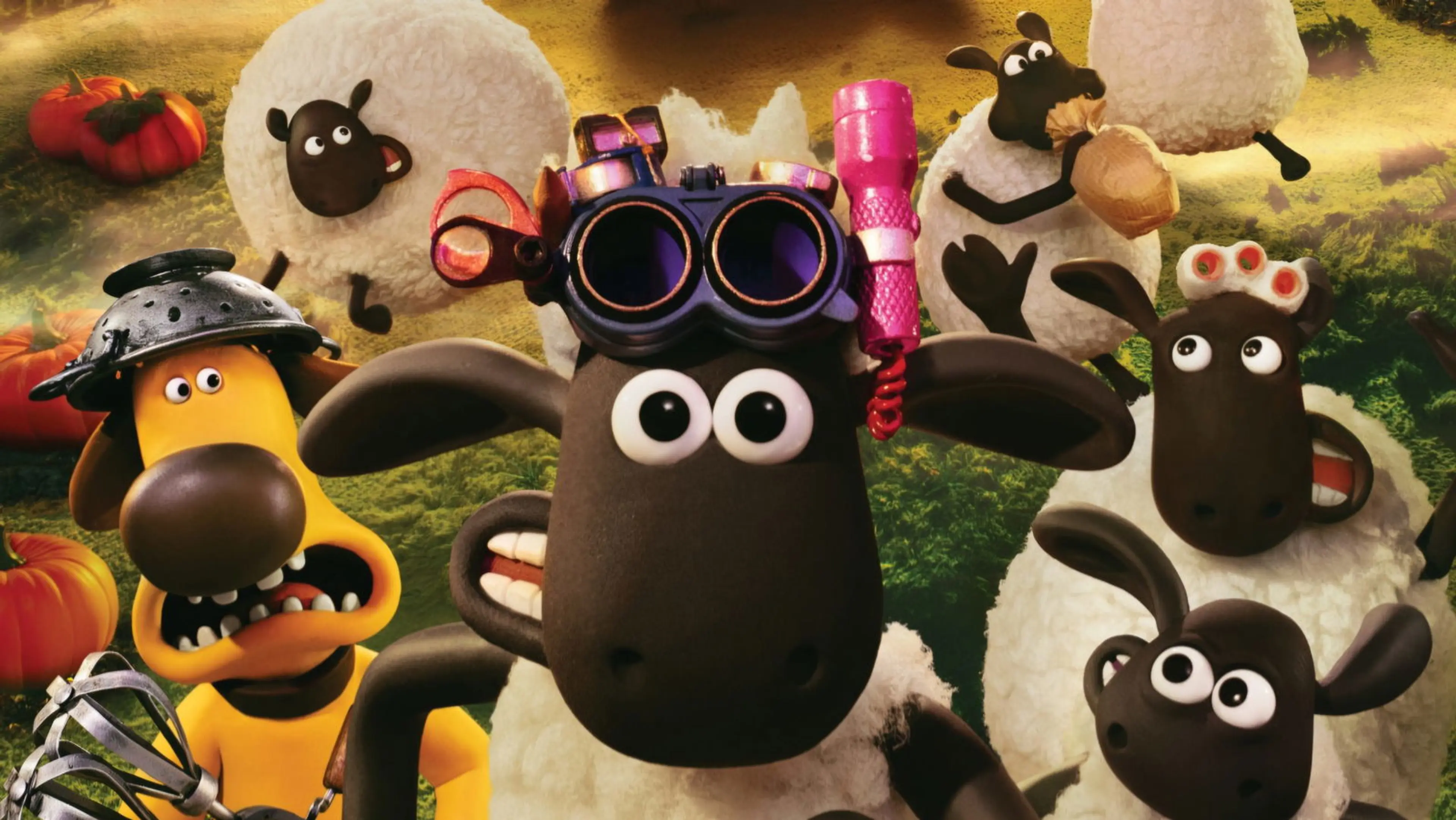 Promotional artwork shows Shaun in goggles with Bitzer and the flock.