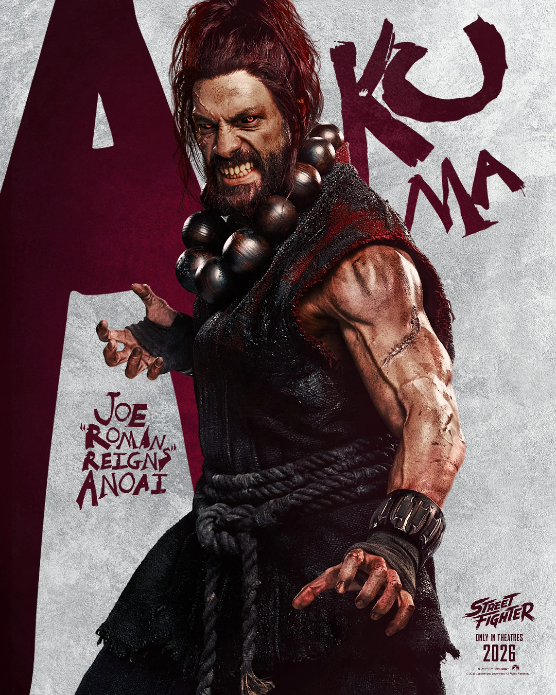 Joe “Roman Reigns” Anoa’i as Akuma in the 2026 Street Fighter movie.