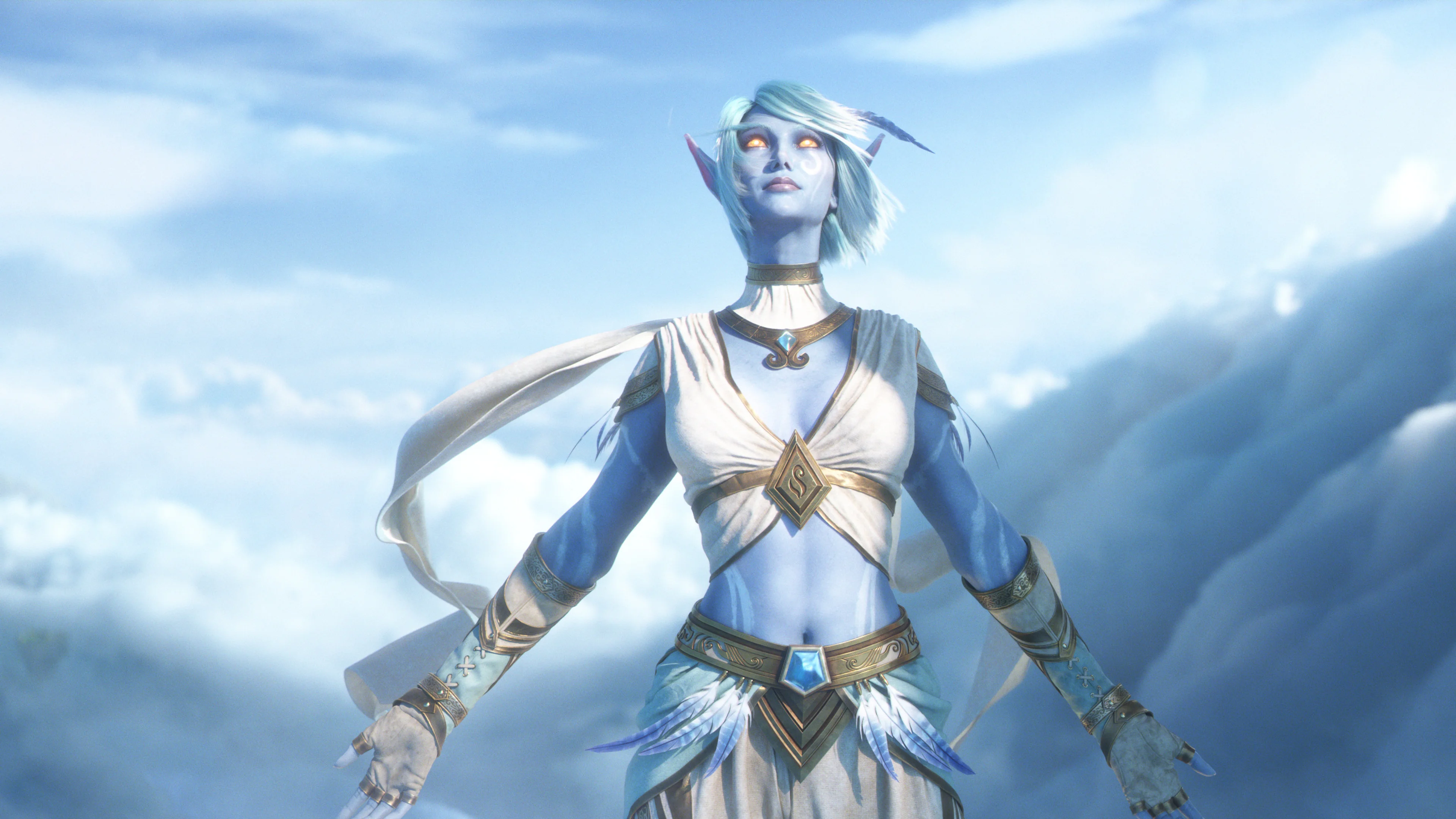 A blue-skinned Skyborne character stands against a bright cloudy sky in World of Warcraft: Forever.