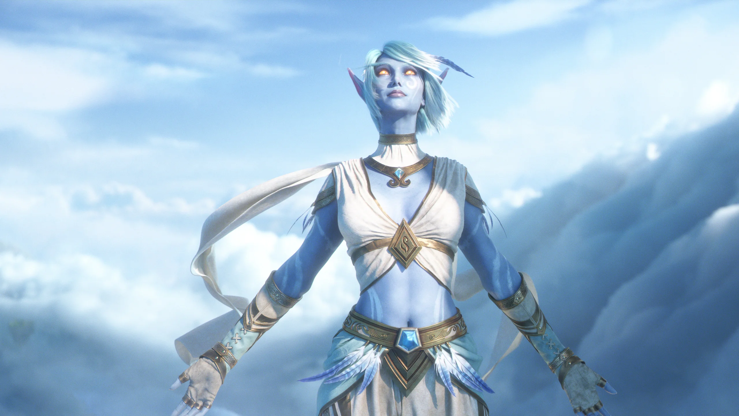 A blue-skinned Skyborne character stands against a bright cloudy sky in World of Warcraft: Forever.