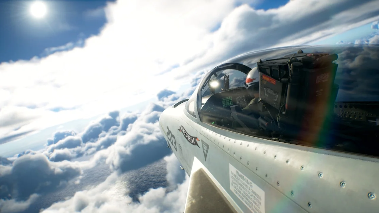 A pilot sees another aircraft above bright clouds in Ace Combat 8.