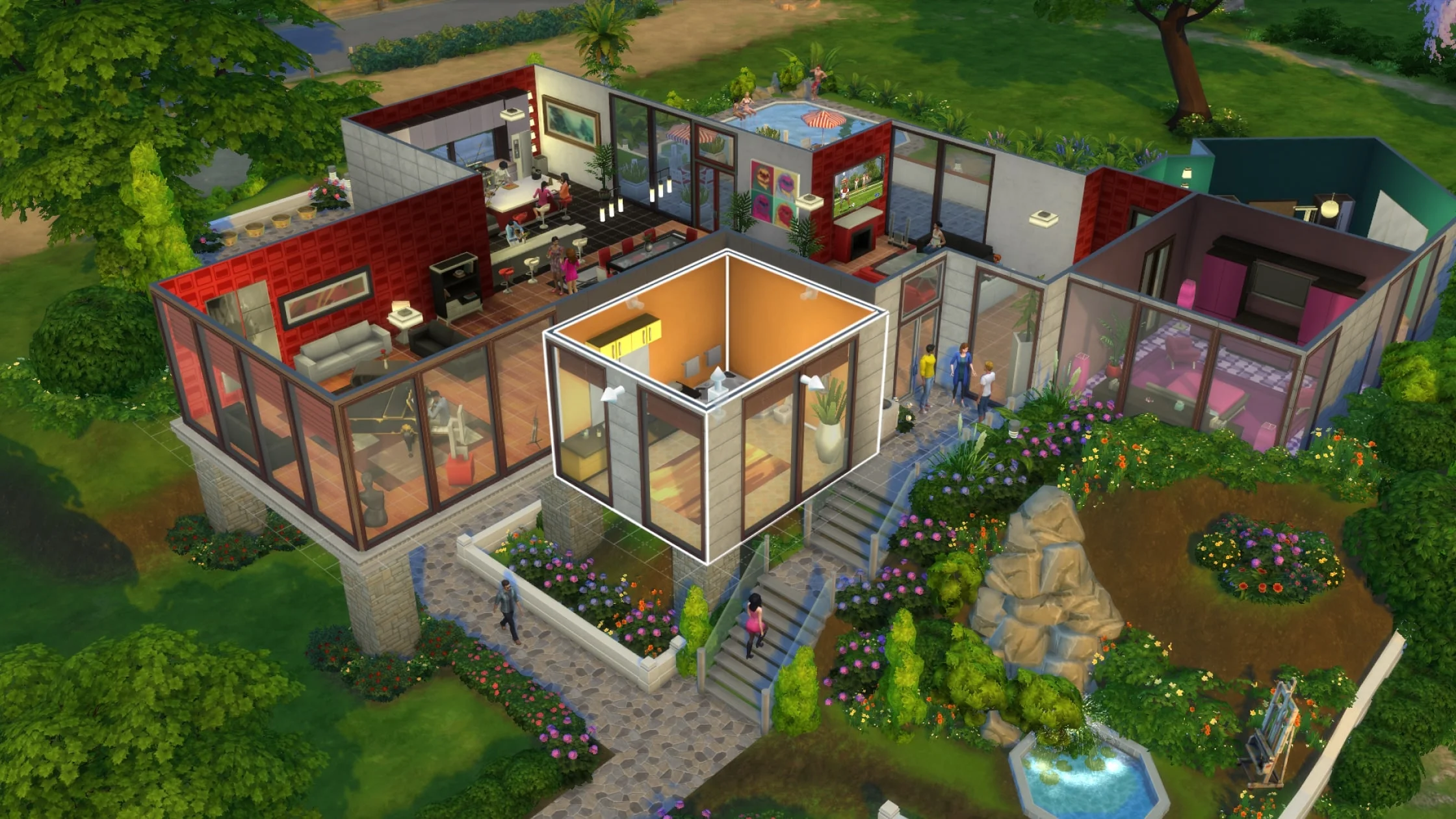 A cutaway The Sims 4 house shows rooms, furniture, a pool and a garden.