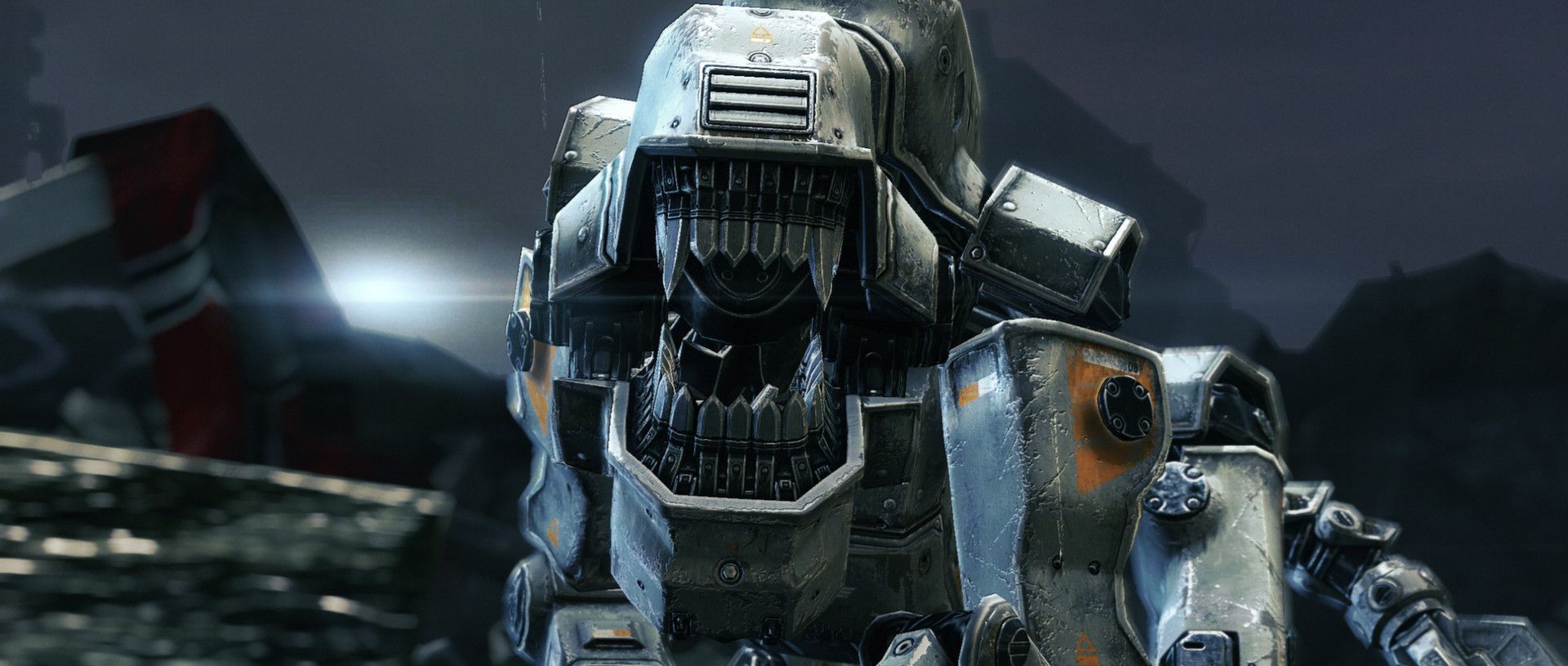 Close view of a heavily armored mechanical enemy.