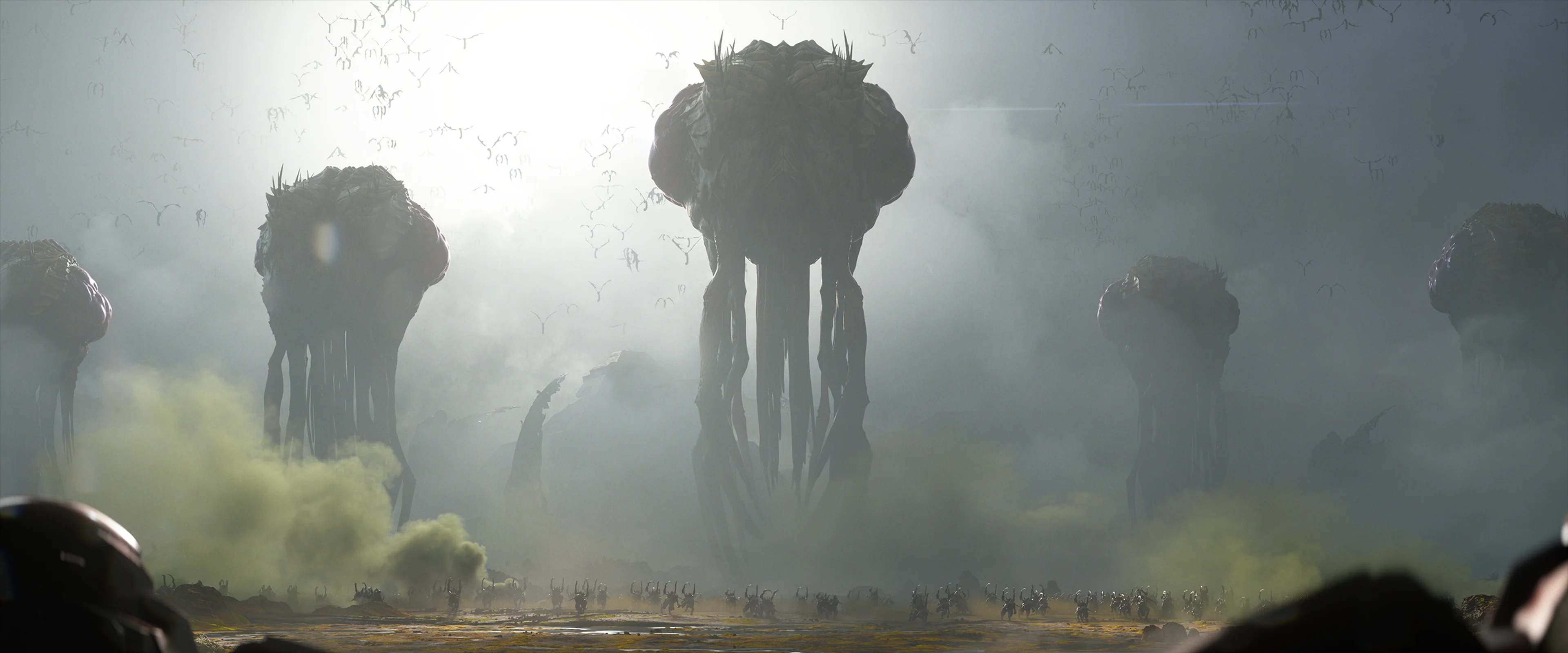 Towering Zerg creatures advance through fog toward Dominion soldiers in the new StarCraft cinematic.