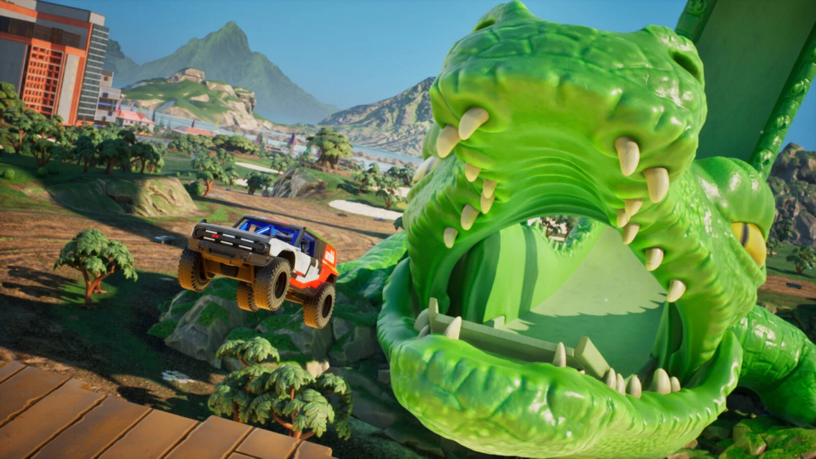 A Hot Wheels off-road car jumps toward a giant green dinosaur in HOT WHEELS Infinite Rush.
