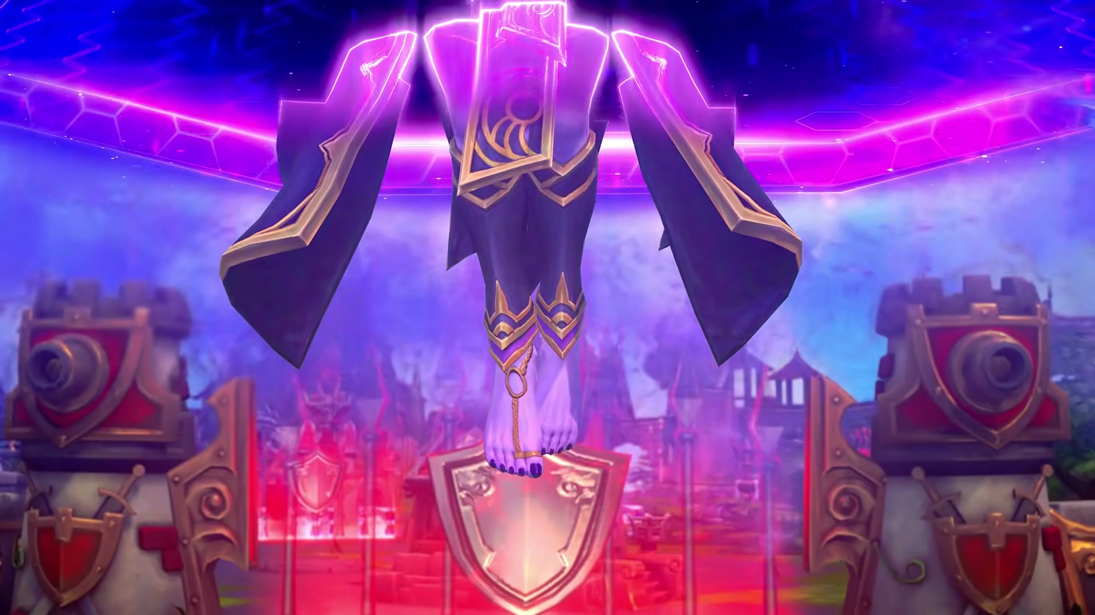 Xal’atath descends toward a stone battleground surrounded by violet energy.