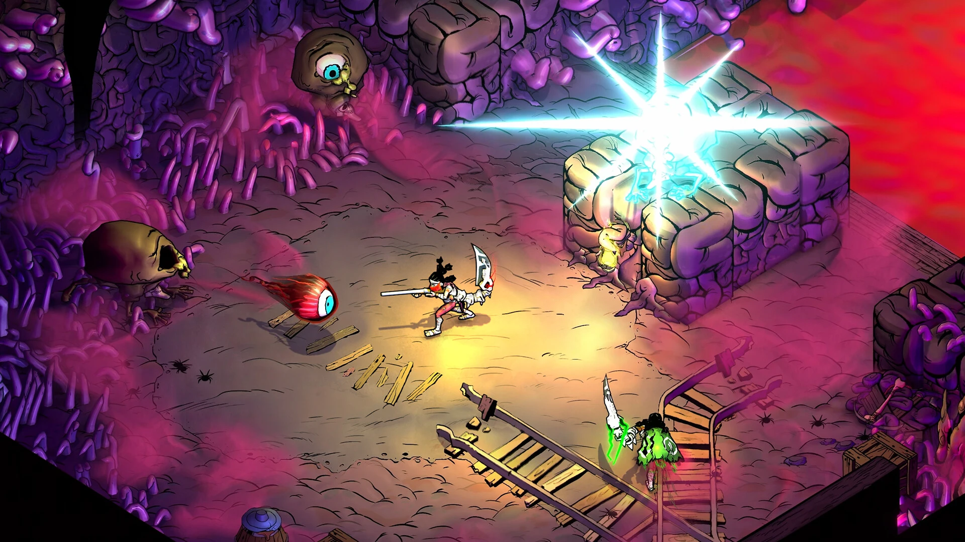 A fighter battles monsters inside the colorful world of Blighted.