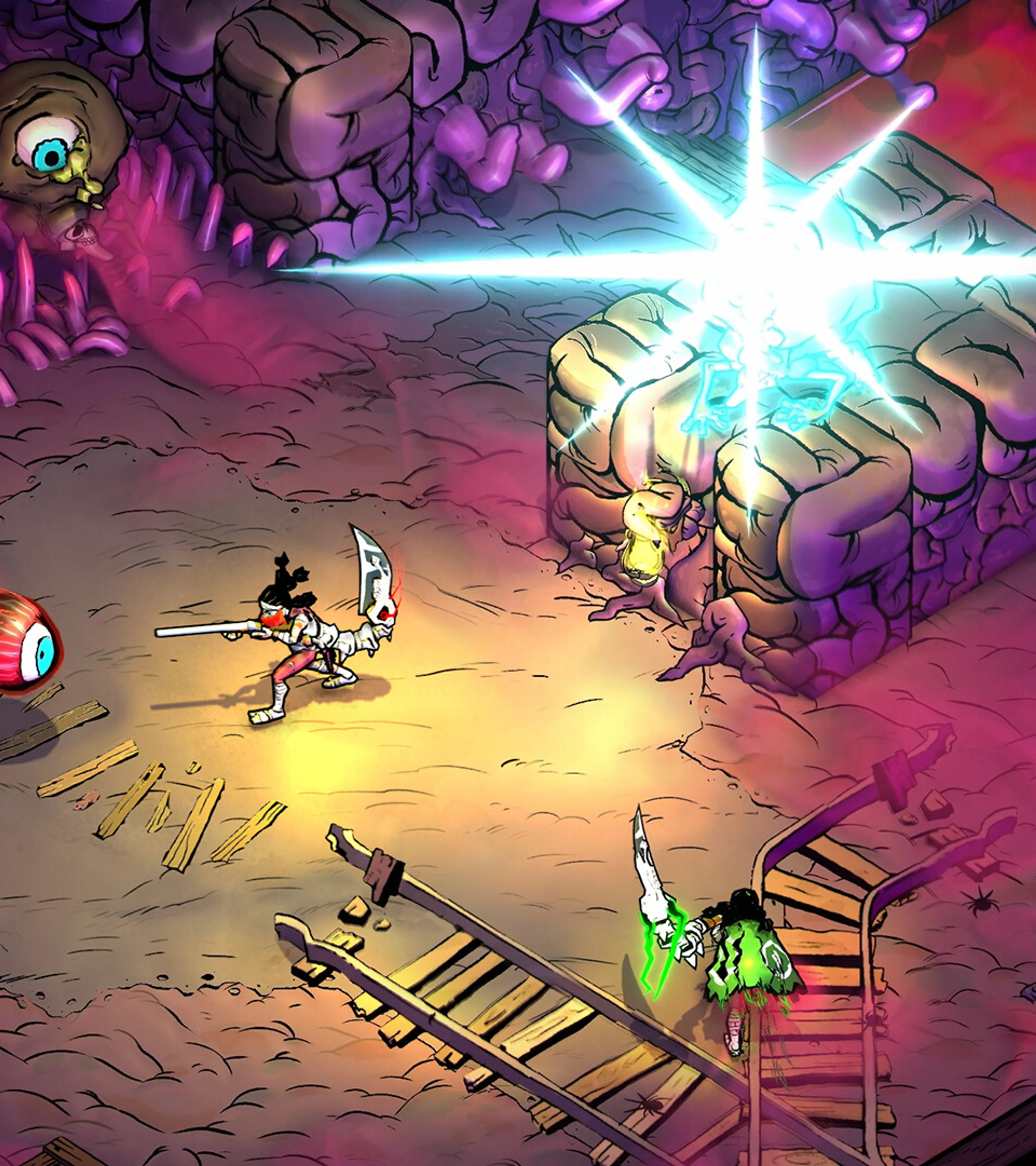 A fighter battles monsters inside the colorful world of Blighted.